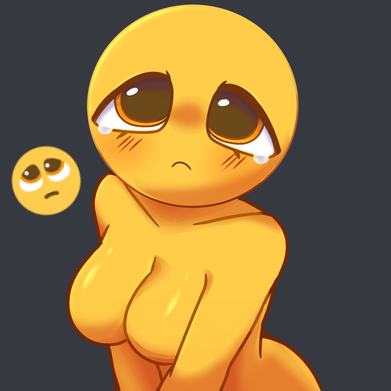 bare_shoulders big_breasts blush curvy emoji emoji_(race) eyelashes frown meme naked needy no_nipples personification pose shiny_eyes simple_background sitting_down skelthors staring_at_viewer tears tears_in_eyes yellow_eyes yellow_skin yraisel