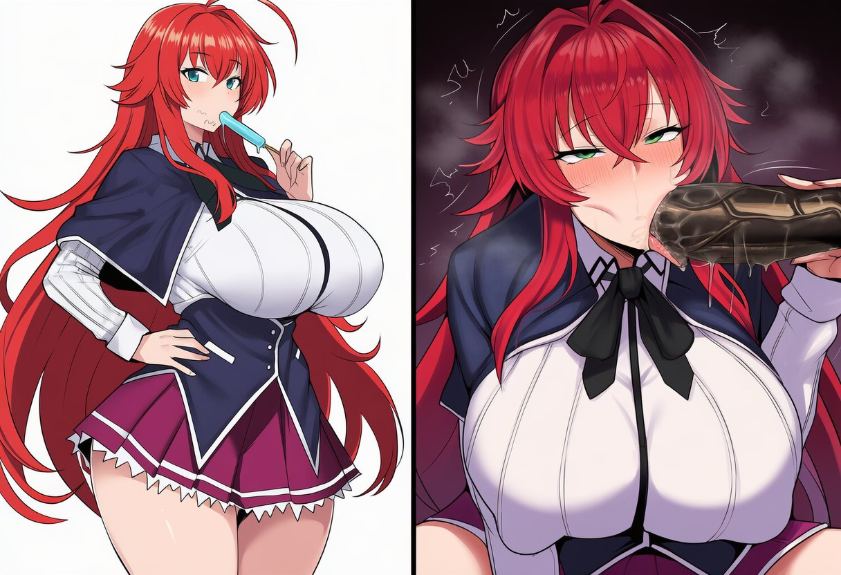 ai generated, big breasts, black male, blowjob face, breasts, dark-skinned male, duo, female, green eyes, high school dxd, male, netorare, penis, red hair, rias gremory, yeie