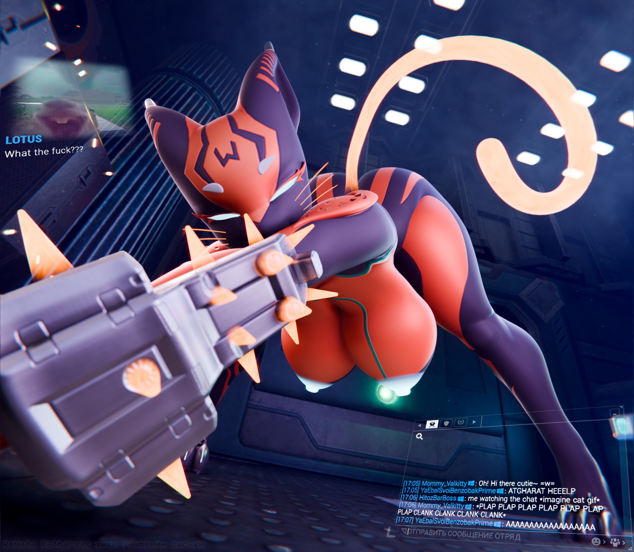 1girls, 3d, 3d (artwork), areolae, ass, breasts, large areolae, large breasts, looking at viewer, nipples, primebooba, puffy nipples, renatakatharsis, spacetato (modeler), tail, text, thighs, valkyr (warframe), warframe