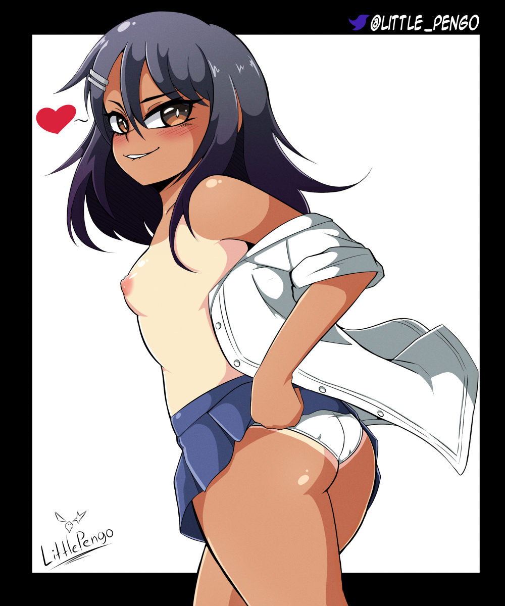 1girls biting_lip black_hair blush brown_eyes exposed_breasts female_only hayase_nagatoro littlepengo long_hair looking_at_viewer looking_back metalkaiser no_bra panties petite please_don't_bully_me,_nagatoro skirt_lift small_breasts smile smug solo tan_skin unbuttoned unbuttoned_shirt