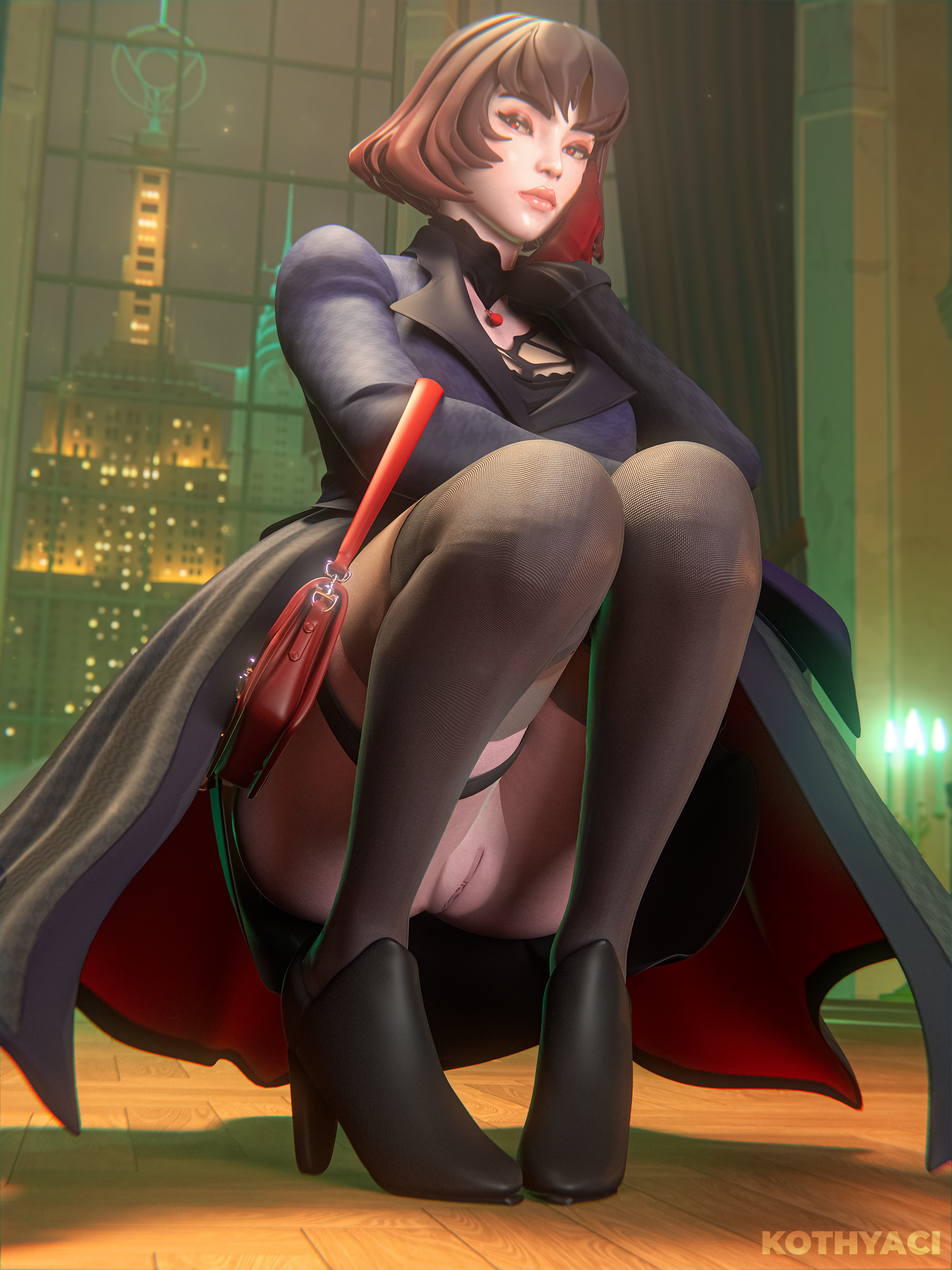3d, 3d (artwork), black eyeliner, candle, choker, city background, coat, deadlock, dress, hardwood floor, high heels, indoors, kothyaci, mina (deadlock), mina ha, no panties, purse, pussy peek, red eyes, red lipstick, squatting, stockings, underskirt, vampire, vampire girl, video games, window, wooden floor