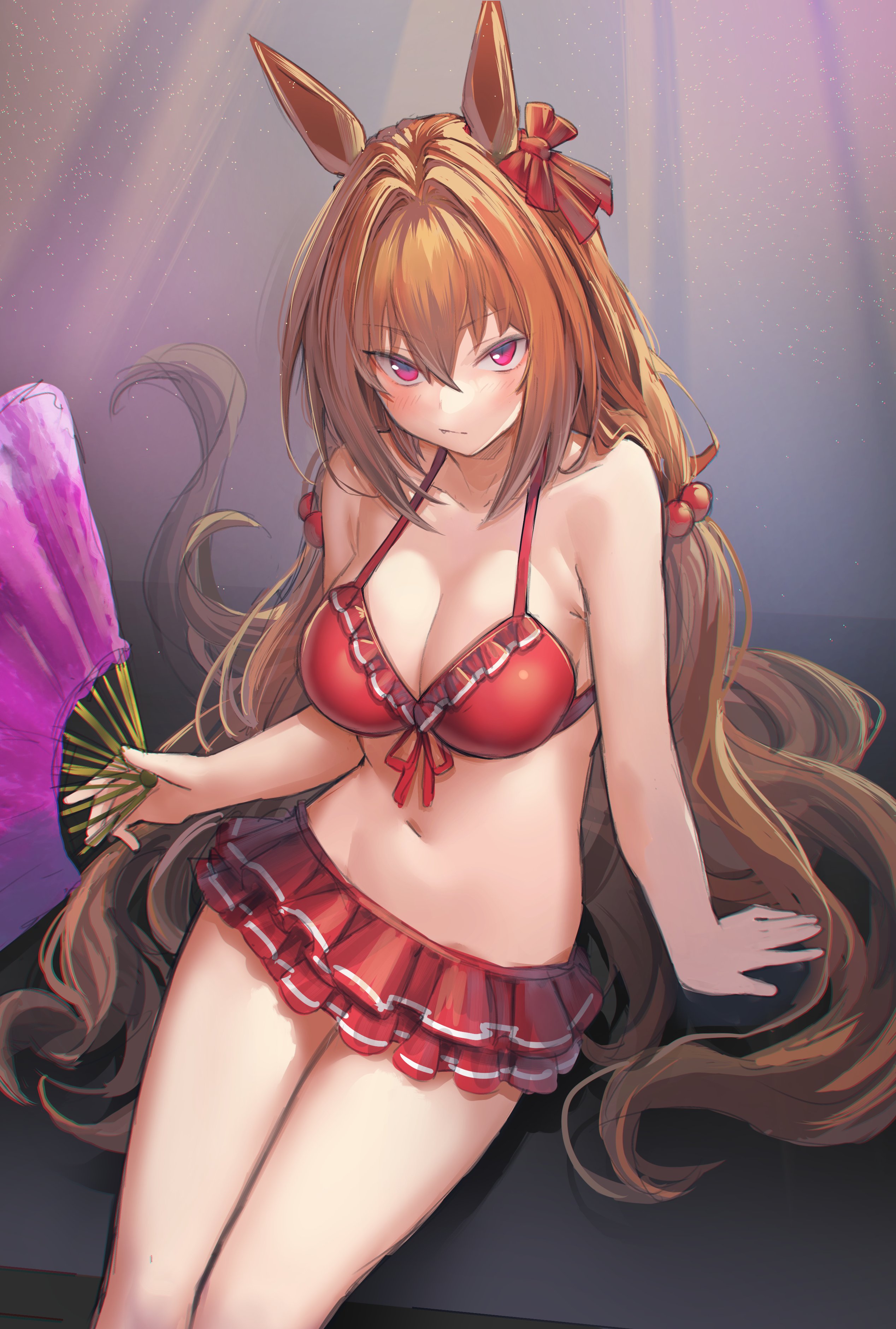 absurdres, animal ears, arm support, bangs, bare shoulders, beads, bikini, bikini skirt, bow, breasts, brown hair, check commentary, cleavage, closed mouth, collarbone, commentary request, daiwa scarlet (umamusume), deluxe<<<, female, frilled bikini, frills, front-tie top, hair beads, hair ornament, hairbow, hand fan, highres, holding, holding fan, horse ears, horse girl, horse tail, long hair, looking at viewer, medium breasts, midriff, navel, oerba yun fang, red bikini, red eyes, sitting, solo, swimsuit, tail, twintails, umamusume