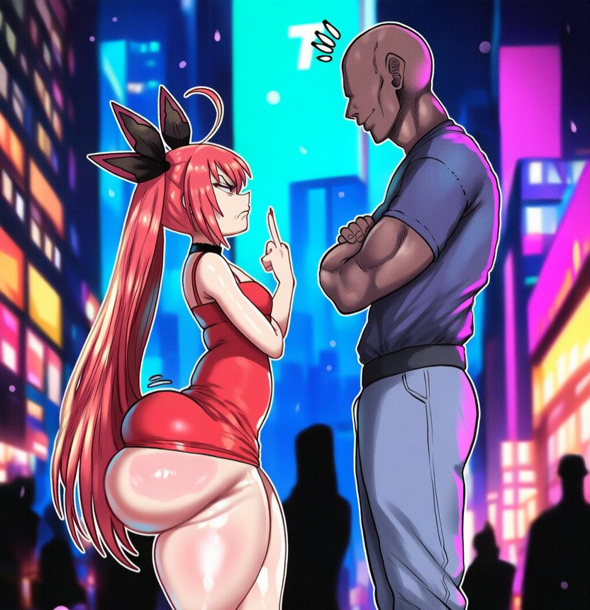 1female, 1male, ai generated, ass, ass hanging out, ass hanging out of skirt, big ass, bubble butt, choker, dark-skinned male, date a live, duo, female, flat chest, fuck you, ishimo, itsuka kotori, male, red eyes, red hair, skin tight
