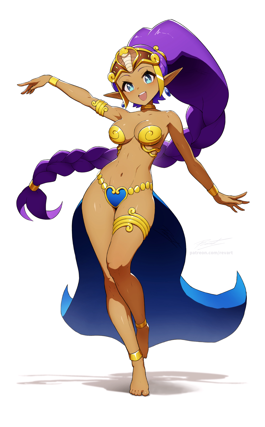 1girls, arabian clothes, artist name, artist website, barefoot, belly dancer, blue eyes, braid, braided hair, braided ponytail, cleavage, dancer shantae, dark skin, dark-skinned female, earrings, female, female only, golden bikini, harem outfit, headdress, looking at viewer, metal bikini, patreon username, pointy ears, ponytail, purple hair, revenantart, shantae, shantae (character), simple background, smile, smiling, smooth skin, solo, tiara