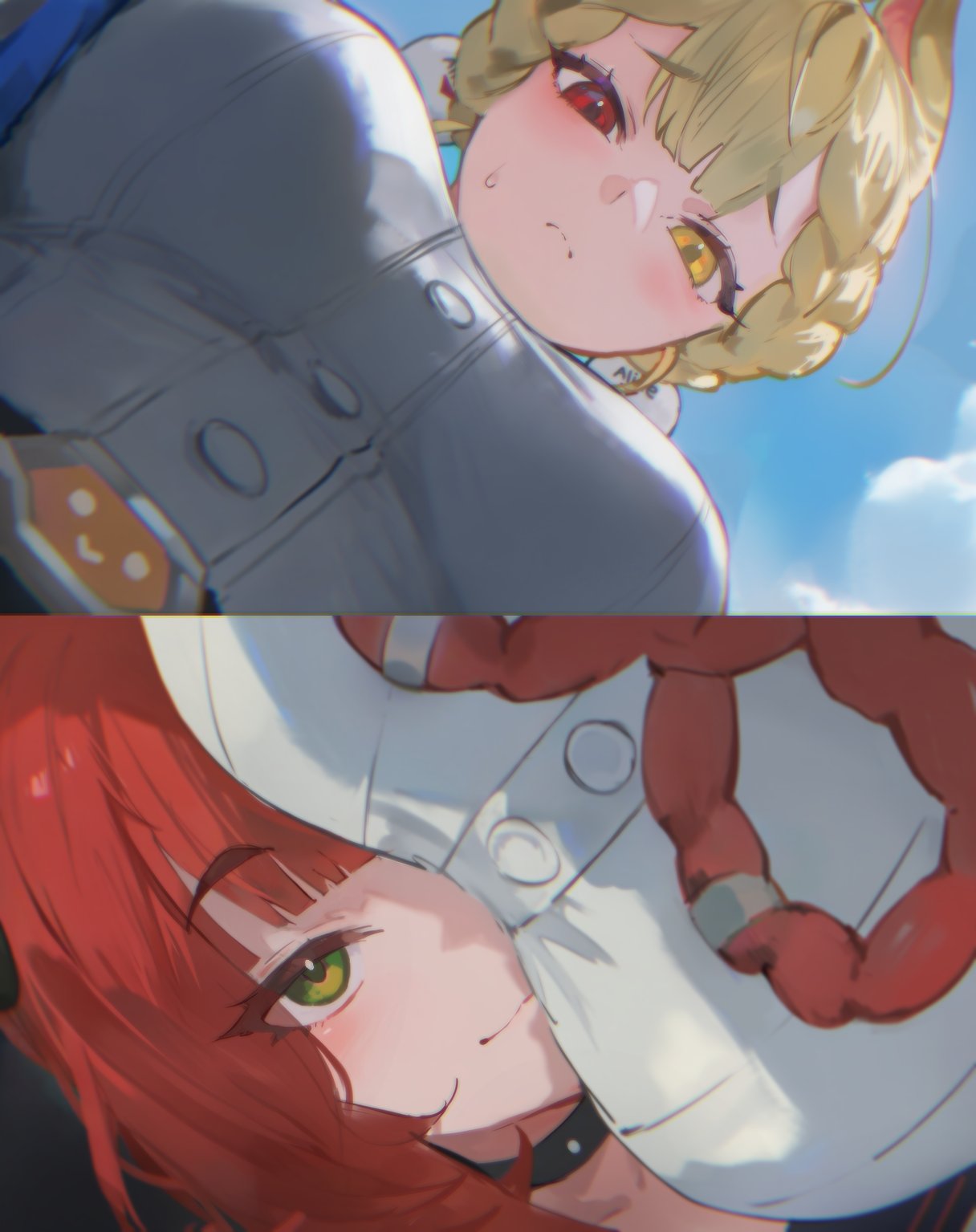 2girls, 2koma, alice thymefield, big breasts, blonde hair, blush, breasts, clothed, clothing, commentary, english commentary, female, female only, female pov, frieren lap pillow (meme), green eyes, heterochromia, highres, lap pillow, large breasts, looking at another, looking at viewer, meme, multiple girls, multiple views, red eye, red eyes, red hair, safe for work, scene reference, sfw, shuraillusts, ukinami yuzuha, yellow eye, yellow eyes, yuri, zenless zone zero