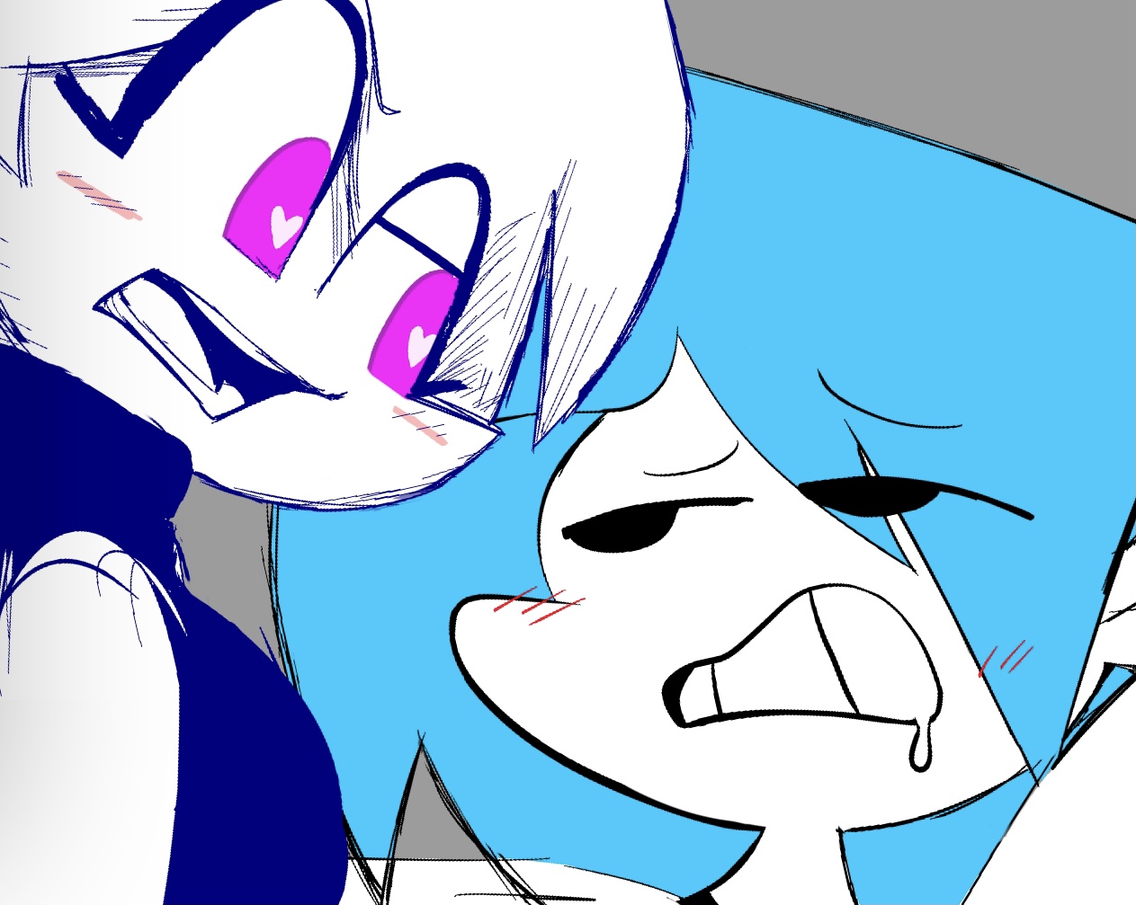 anthro, aroused, cropped, cropped image, female, friday night funkin, friday night funkin mod, heart-shaped pupils, horny, idk wtf this is, nusky, nusky (friday night funkin), pink eyes, selfcest, skyblue, skyblue (friday night funkin), skyverse, yuri