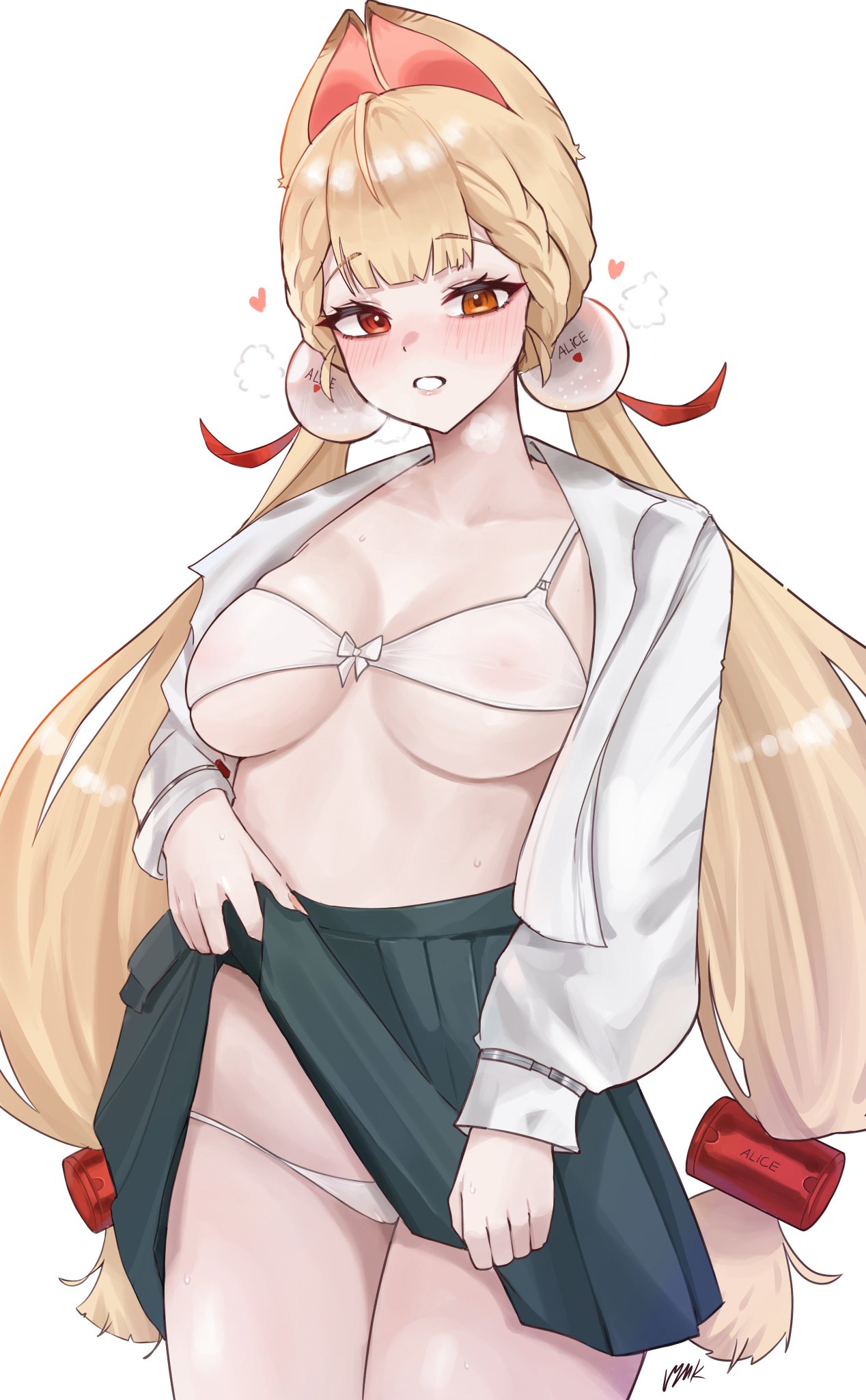 1girls, alice thymefield, animal ears, artist request, bangs, blonde hair, blush, bra, braid, breasts, female, female only, hair ribbon, heart, heterochromia, hoyoverse, large breasts, lifted by self, long hair, looking at viewer, mihoyo, open clothes, open shirt, panties, pantyhose, parted lips, red eyes, ribbon, shirt, skirt, skirt lift, solo, tagme, underwear, very long hair, white bra, white panties, white shirt, yellow eyes, zenless zone zero