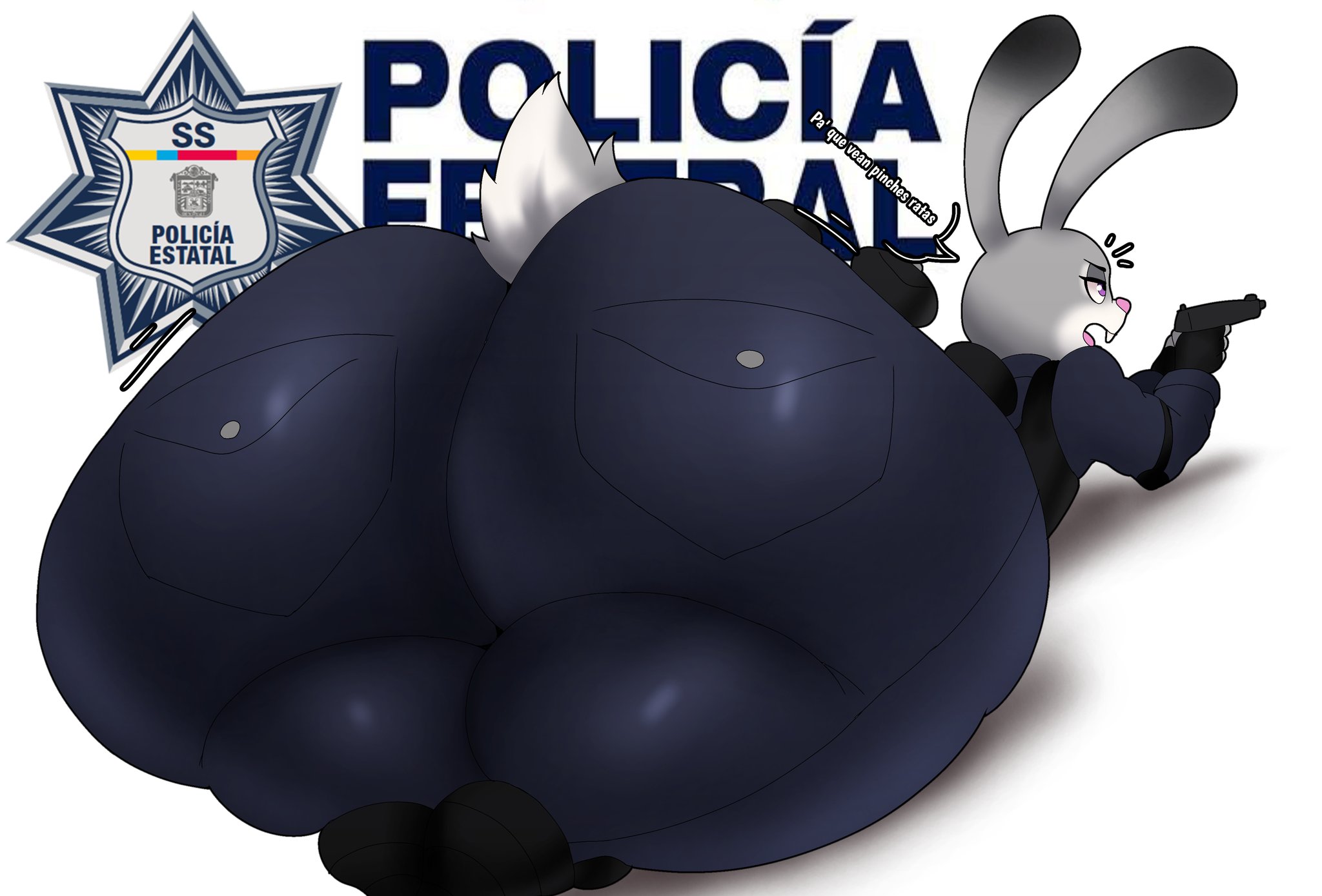 2020s, 2026, ass, big ass, big butt, bubble ass, bubble butt, bunny ears, bunny tail, disney, dumptruck ass, dumptruck butt, gun, high resolution, highres, hyper, hyper ass, hyper butt, jeans, judy hopps, lagomorph, laying on stomach, lying down, plump, plump ass, plump butt, plump thighs, police uniform, policewoman, rabbit ears, rabbit girl, rabbit tail, spanish text, thedeathcrow05, thick, thick butt, thick thighs, translation request, wide ass, wide hips, wide thighs, zootopia