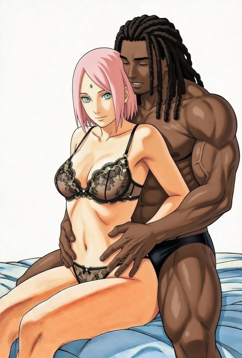 ai generated, bed, bra, chiseled body, clothing, dark skin, dark-skinned male, dreadlocks, flat chest, green eyes, groping, groping breasts, masashi kishimoto style, muscles, muscular, muscular male, naruto, naruto (series), pink hair, sakura haruno, small breasts, toned female, underwear