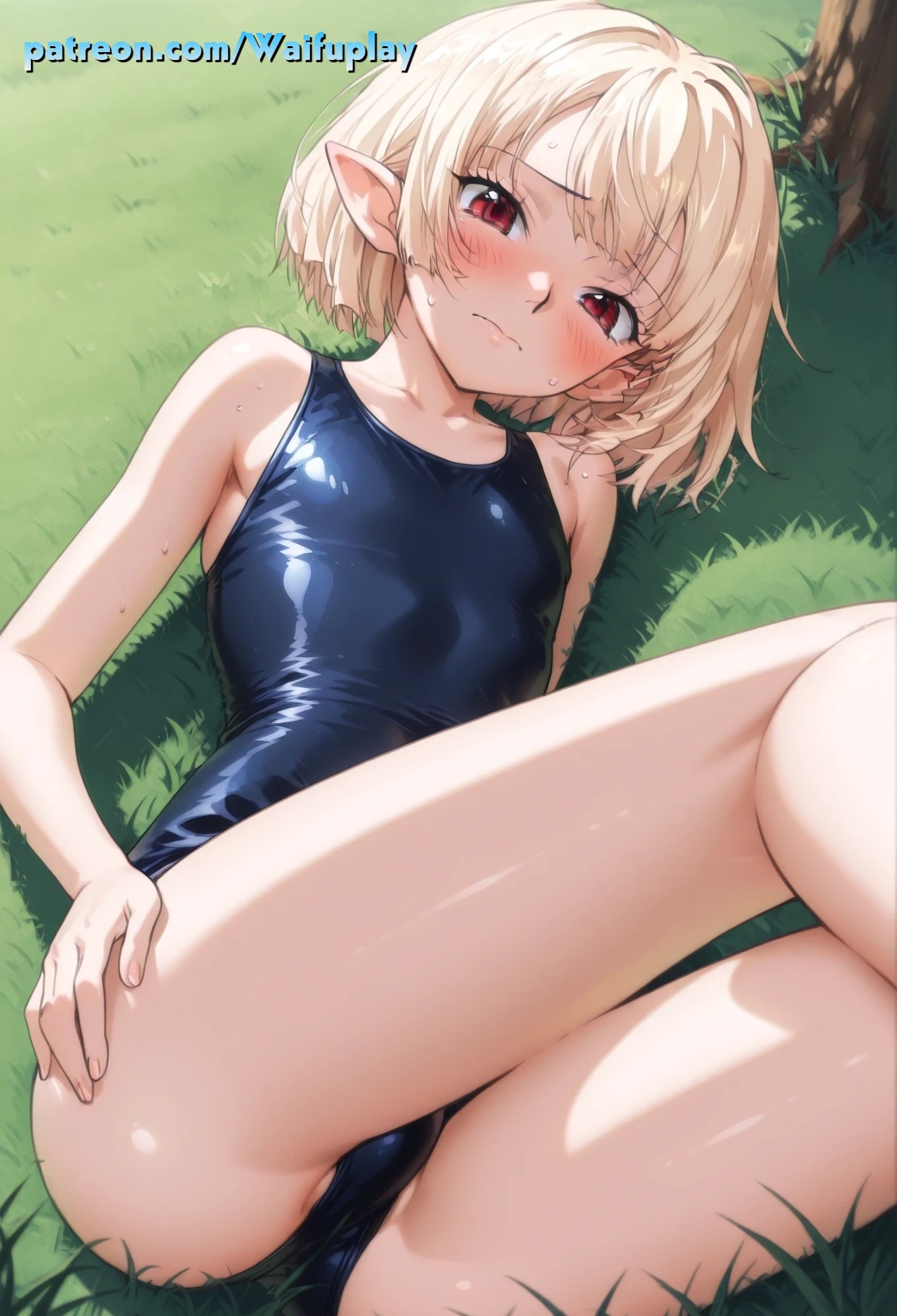 ai generated, bare arms, bare legs, blonde hair, blush, female, female only, gasper vladi, high school dxd, legs focus, legs together, looking at viewer, lying, lying on ground, petite, petite body, pointy ears, raised eyebrows, red eyes, short hair, shy, shy expression, skinny, swimsuit, trap, waifuplay