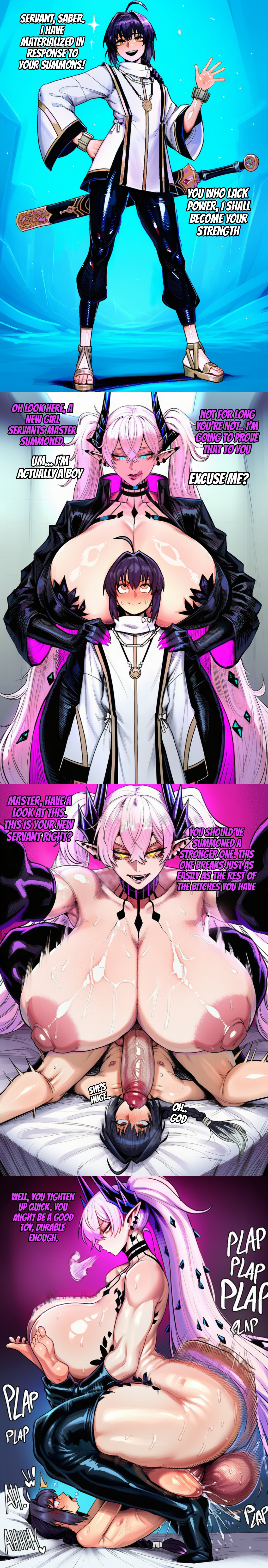 1boy, 1futa, ai generated, anal, anal sex, ass, big ass, big breasts, big penis, breasts, breasts bigger than head, brown hair, dialogue, dickgirl/male, english, english text, fate (series), fate/grand order, futa on male, futanari, grabbing, grabbing legs, horns, lilith (fate), long hair, maddogai, pale skin, pale skinned female, penetration, penis, pink hair, ponytail, shiny skin, size difference, taller futa, text, veiny, veiny penis, very long hair, yamato takeru (fate), yellow eyes