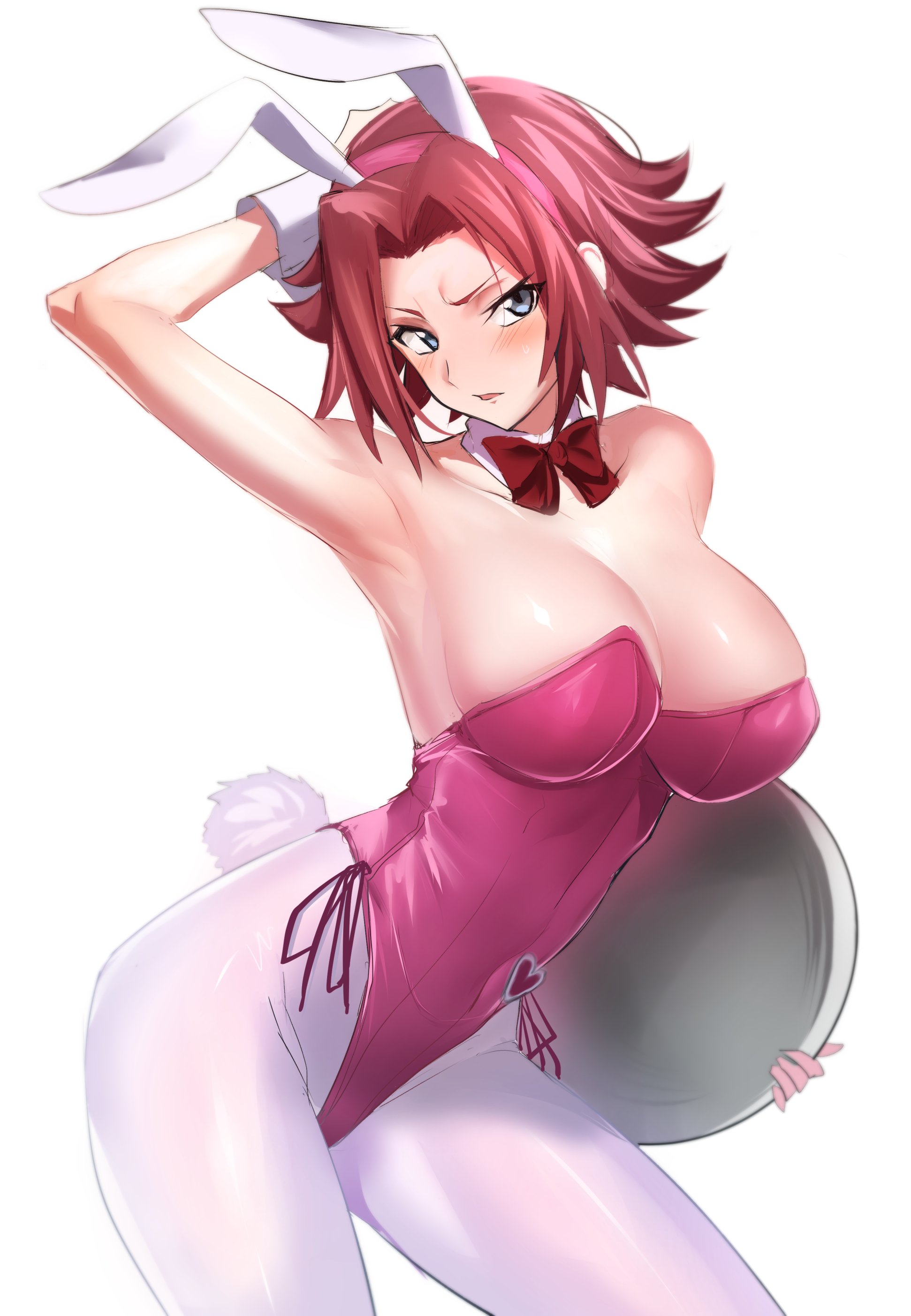 1girls, animal ears, armpits, bare shoulders, blue eyes, blush, bow, bowtie, breasts, bunny ears, bunny girl, bunny tail, bunnysuit, code geass, detached collar, fake animal ears, female, female only, hairband, highleg, highleg leotard, kallen stadtfeld, large breasts, leotard, looking at viewer, pantyhose, pink leotard, playboy bunny, rabbit ears, red bow, red bowtie, red hair, serious, short hair, simple background, solo, solo female, standing, strapless, strapless leotard, tail, thick thighs, tray, ulrich (tagaragakuin), white background