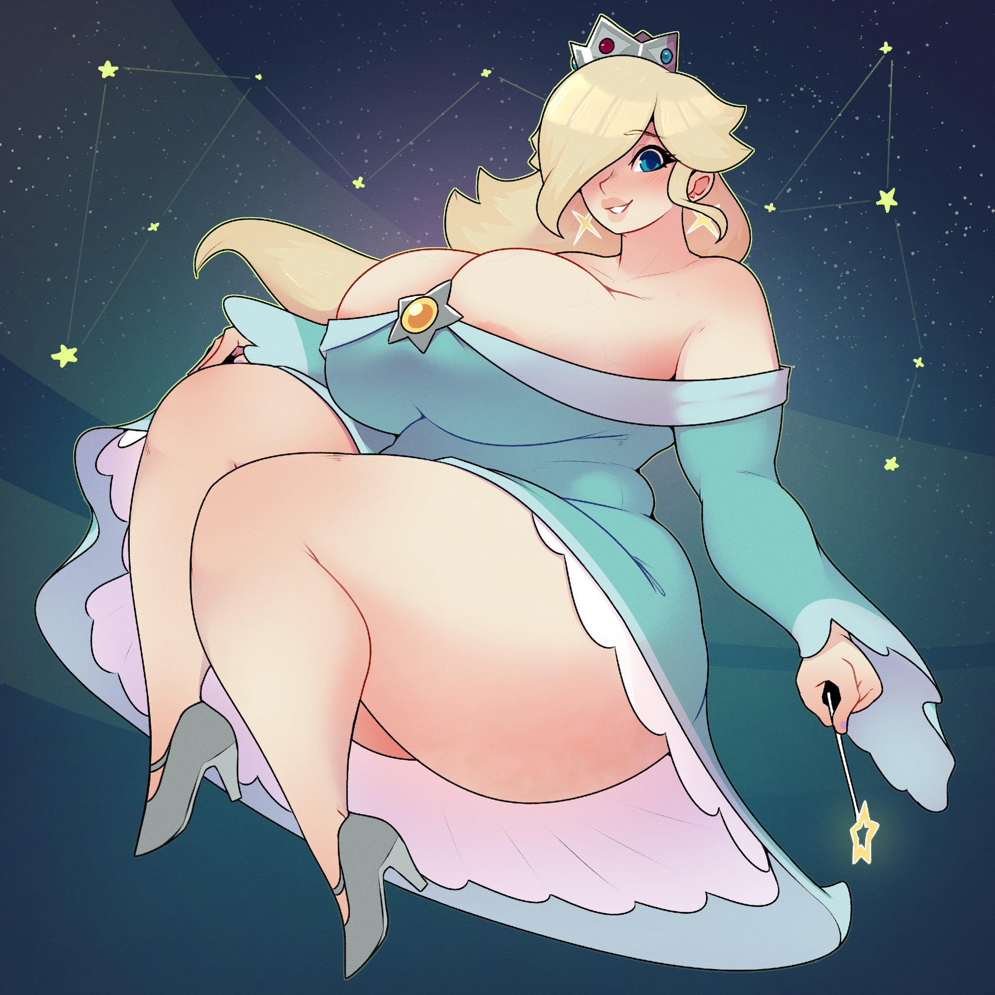 1girls, chubby, chubby female, dabble, female, female only, huge breasts, human, large breasts, mario (series), nintendo, princess rosalina, revealing clothes, solo, solo female