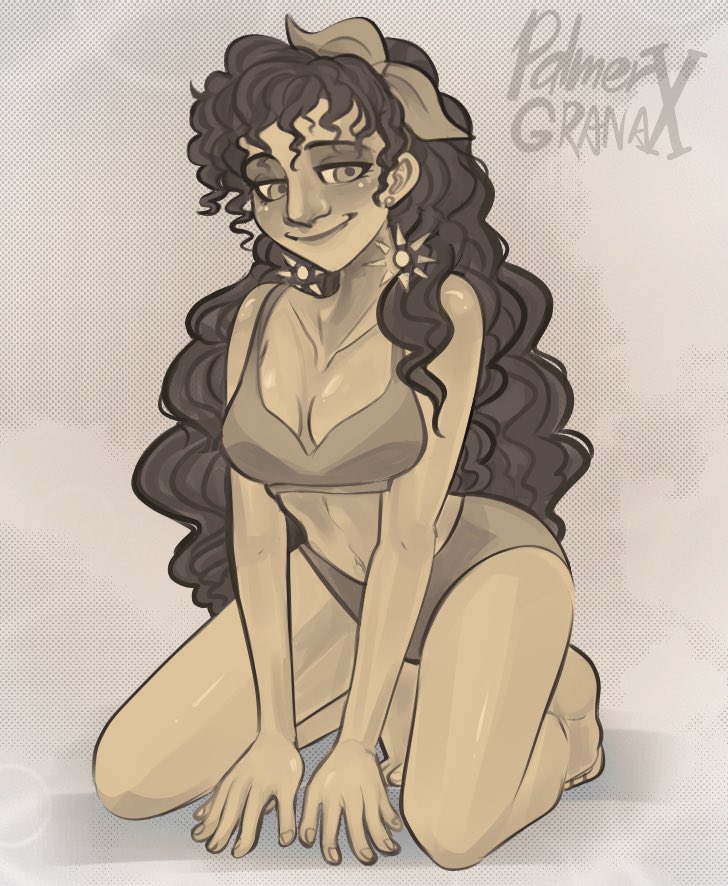 1girls, blush, bra, cleavage, disney, encanto, female, female only, latina, light skin, light-skinned female, monochrome, on knees, palmergranate, panties, pepa madrigal