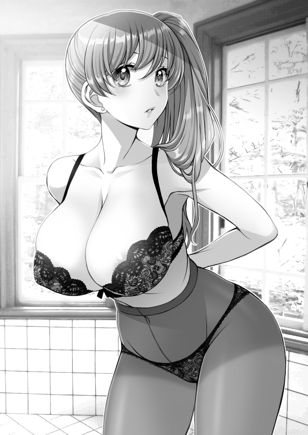 areola_slip areolae bra breasts cowboy_shot crotch_seam earrings eyebrows_visible_through_hair female female greyscale high-waist_pantyhose indoors jewelry kuroda_akimi lace lace-trimmed_bra lace_panties lace_trim large_breasts lips long_hair looking_at_viewer monochrome original panties panties_under_pantyhose pantyhose parted_lips side_ponytail solo underwear window