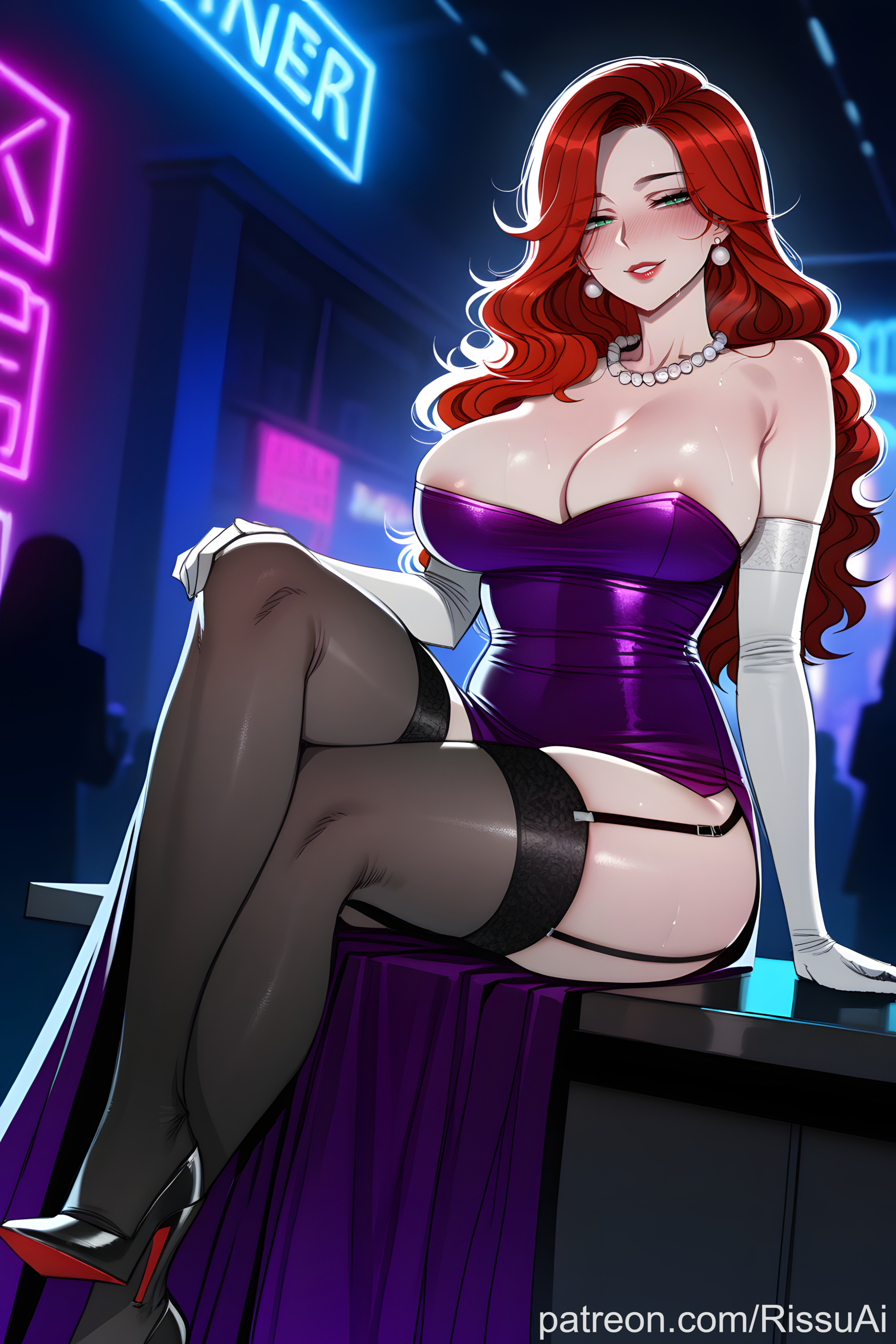 1girls, ai generated, beautiful, beautiful girl, big ass, big breasts, blush, bubble ass, bubble butt, cute, cute face, earrings, female, female only, green eyes, hi res, high heels, high quality, high resolution, highres, huge ass, huge breasts, inviting, league of legends, long hair, looking at viewer, miss fortune, patreon, patreon username, pearl necklace, perfect ass, perfect body, perfect boobs, perfect legs, pervert, pervert female, purple dress, red hair, riot games, rissuai, romantic, sexy, sexy body, sexy clothing, sexy dress, sexy female, sexy pose, smile, voluptuous, voluptuous female, wavy hair, white gloves