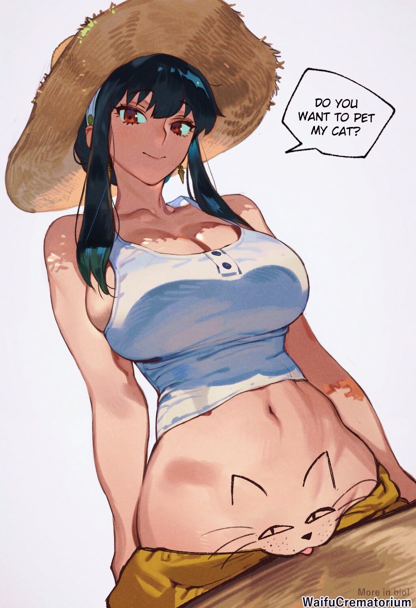 ai generated, black hair, busty, do you want to pet my cat (meme), female, female focus, female only, hat, hourglass figure, marker, meme, pubic stubble, pussy, red eyes, spy x family, tagme, vagina, waifucrematorium, wide hips, yor briar, yor forger