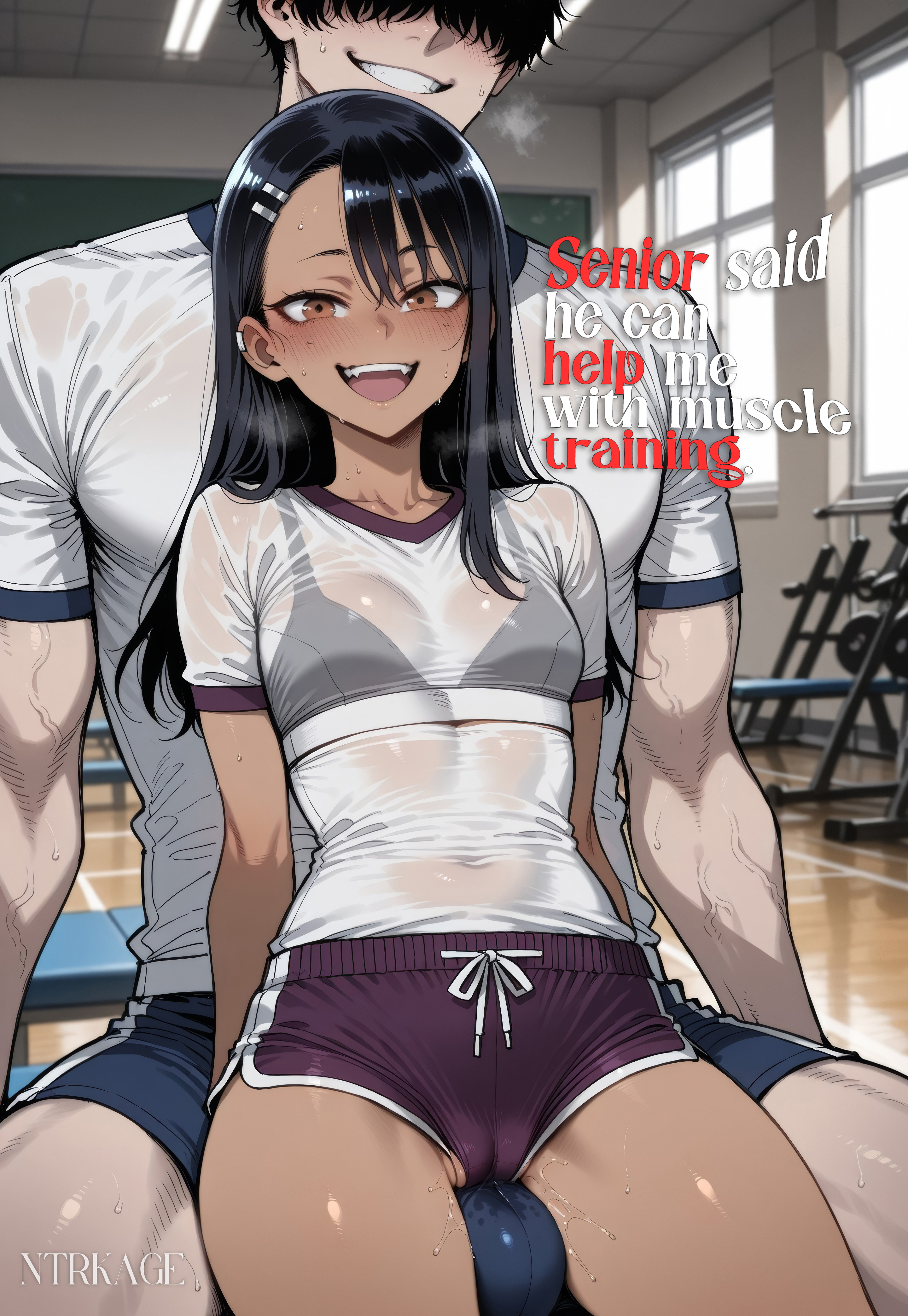 1boy, 1girls, ai generated, bra, bulge, bulge through clothing, bulge under clothes, cameltoe, cheating, cheating girlfriend, cuckold, cuckold pov, english text, fake smile, gym, gym clothes, gym uniform, hair between eyes, hayase nagatoro, height difference, hi res, huge bulge, looking at viewer, muscular, muscular male, netorare, ntrkage, petite, petite body, petite female, please don't bully me, nagatoro, pussy juice, schoolgirl, see-through, see-through clothing, sitting, sitting on lap, sitting on person, size difference, slim waist, small breasts, smile, thick thighs, tight clothing, tight fit, vein, veins, veiny muscles