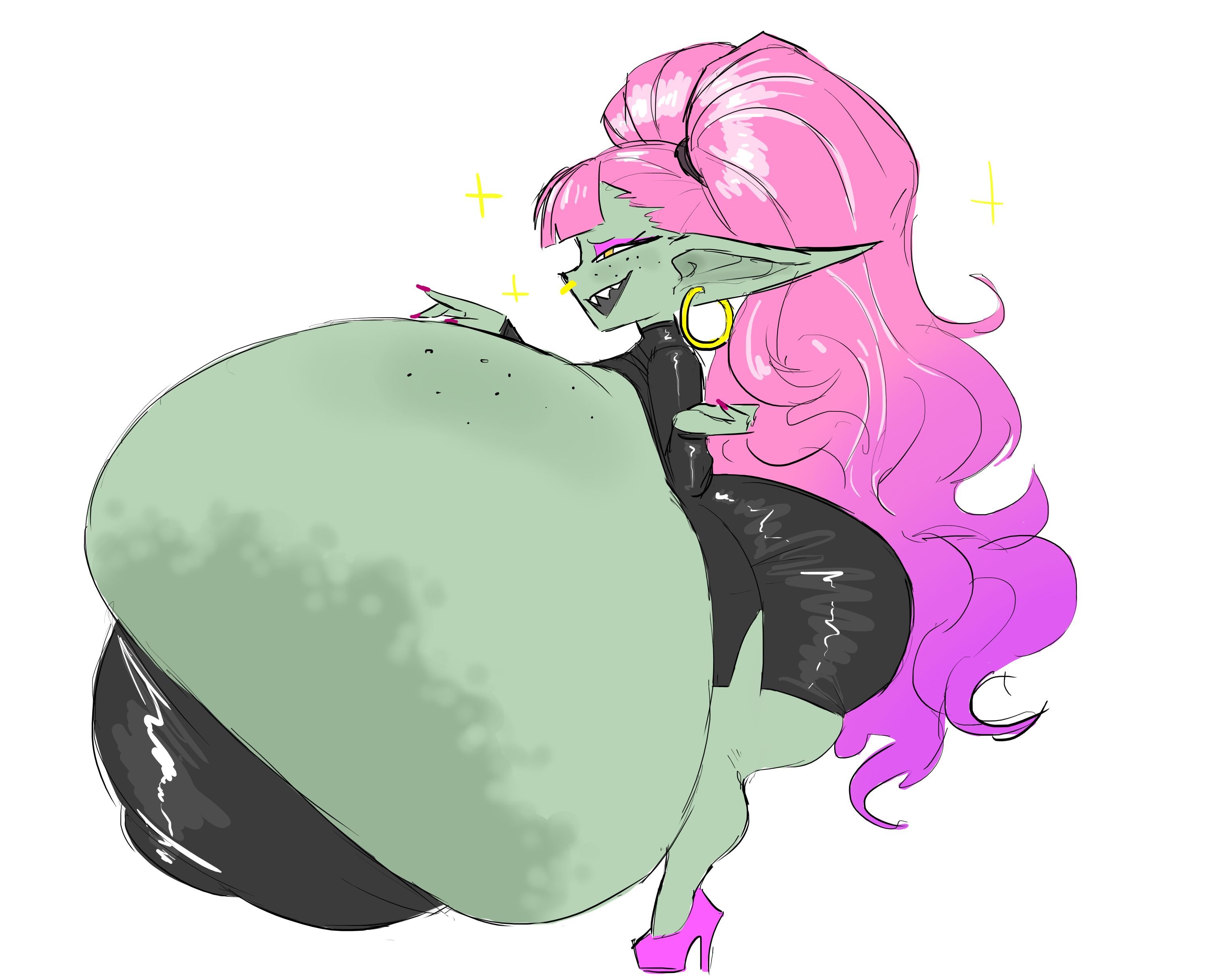 black dress, brat, bratty, bratty smile, breast freckles, freckles, freckles on breasts, gigantic breasts, goblin, goblin ears, goblin female, gold, gold jewelry, green skin, huge areolae, huge breasts, huge nipples, hyper, hyper areolae, hyper breasts, hyper nipples, large breasts, long pink hair, massive areolae, massive breasts, pink hair, pink heels, pointy ears, red nails, shortstack, yobaba