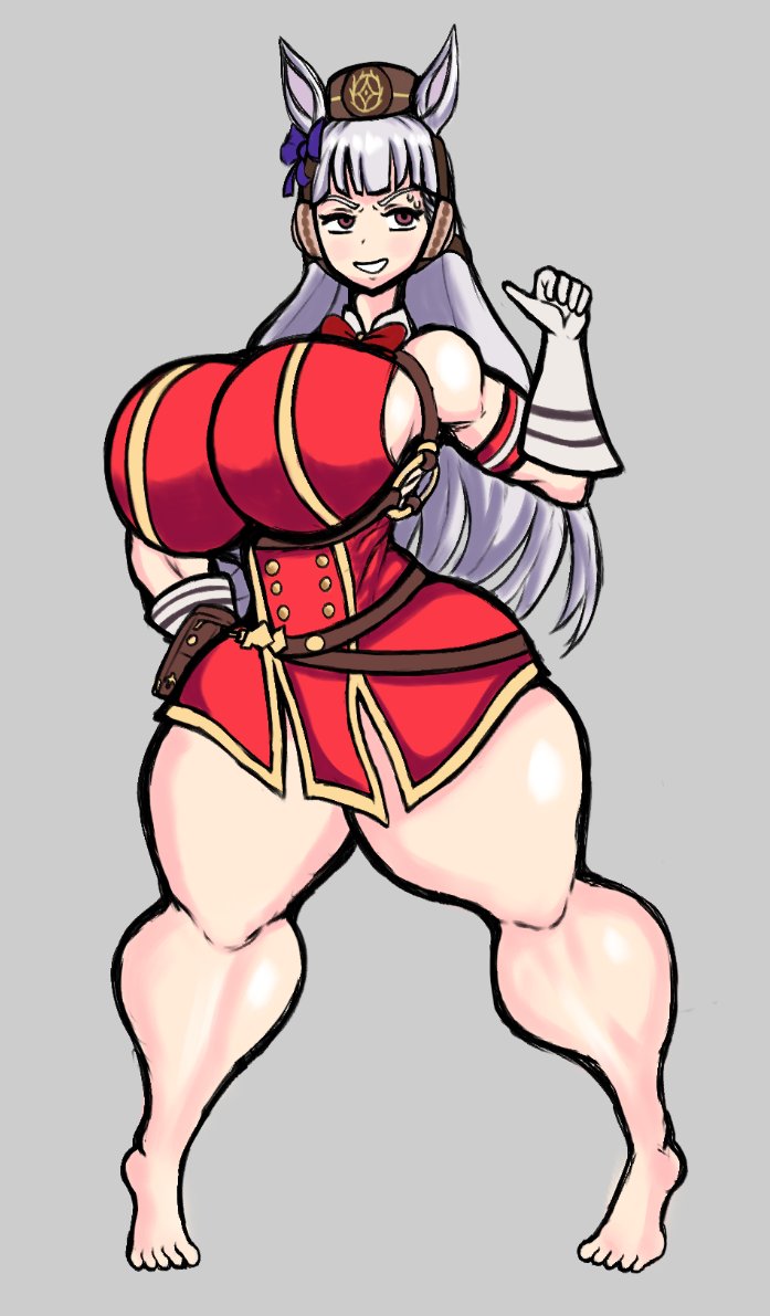 1female, 1girls, big breasts, big nipples, big thighs, breasts, breasts bigger than head, curvaceous, curvy, curvy body, curvy female, curvy figure, digital drawing (artwork), digital media (artwork), female, female focus, female only, gatofashado, gold ship (umamusume), horse, horse girl, huge breasts, huge nipples, huge thighs, nipples, pointing, pointing at self, smile, smiling, smiling at viewer, solo, solo female, thighhighs, thighs, umamusume