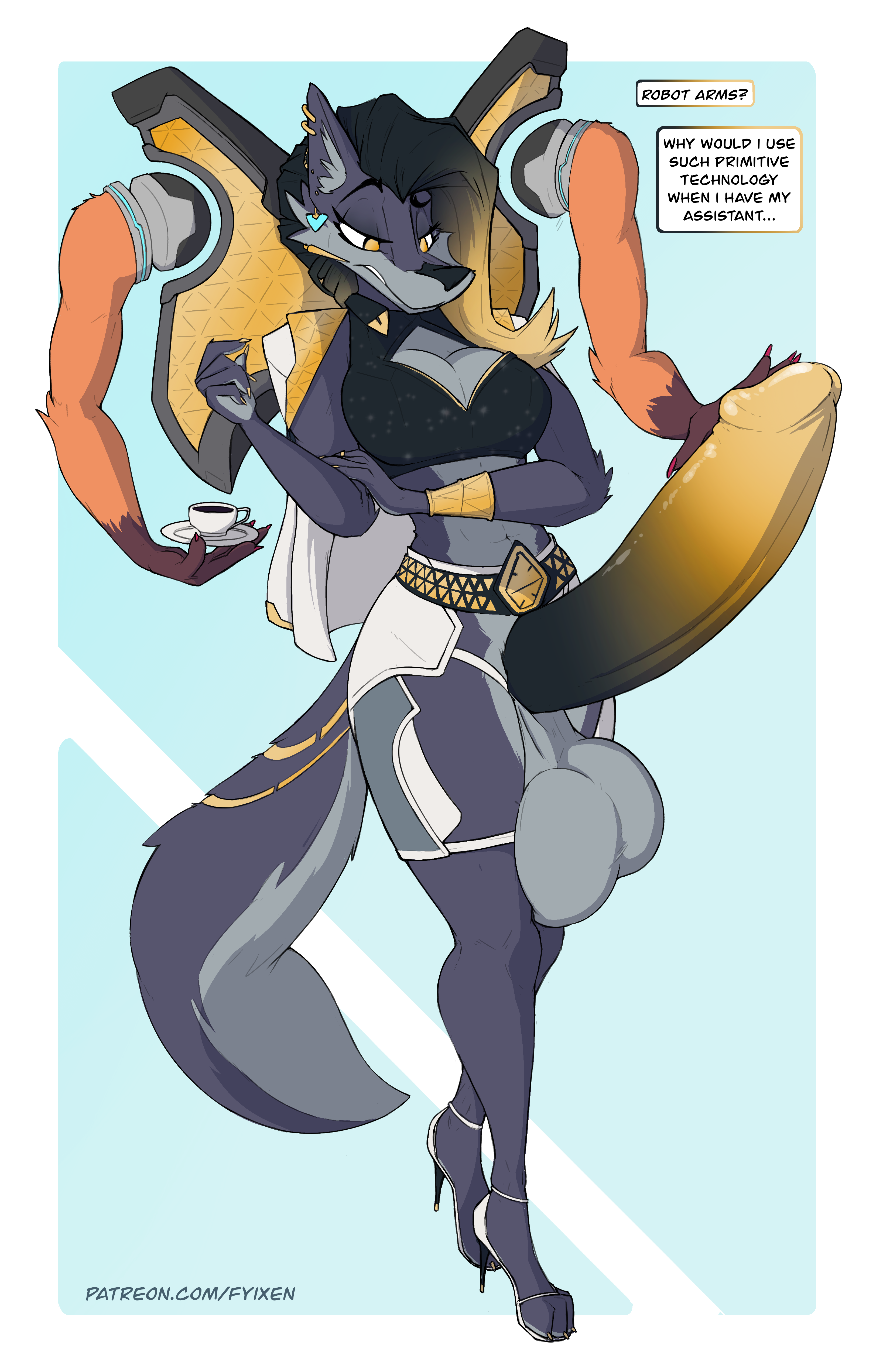 1futa, 4 arms, absurd res, anthro, arm in portal, athletic, aureli (fyixen), ball squeeze, balls, beverage, big breasts, big penis, blizzard entertainment, bondage, bottomwear, bound, breasts, businesswear, businesswoman, canid, canine, canis, casual nudity, clothing, coffee, cosplay, crossover, cunty, domina (cosplay), dominant, dominant intersex, exhibitionism, faceless character, faceless female, fur, futa only, futanari, fyixa (fyixen), fyixen, genitals, girlboss, gold, gold (metal), gold accessory, gold jewelry, grey body, grey fur, gynomorph, herm, hi res, huge breasts, huge cock, hyper, hyper genitalia, hyper penis, intersex, jewelry, large breasts, large penis, mammal, masturbation, multi arm, multi limb, original character, overwatch, overwatch 2, pencil skirt, penile, penis, portal, portal play, power, sassy, science fiction, skirt, slim, solo, thick thighs, unimpressed, wolf