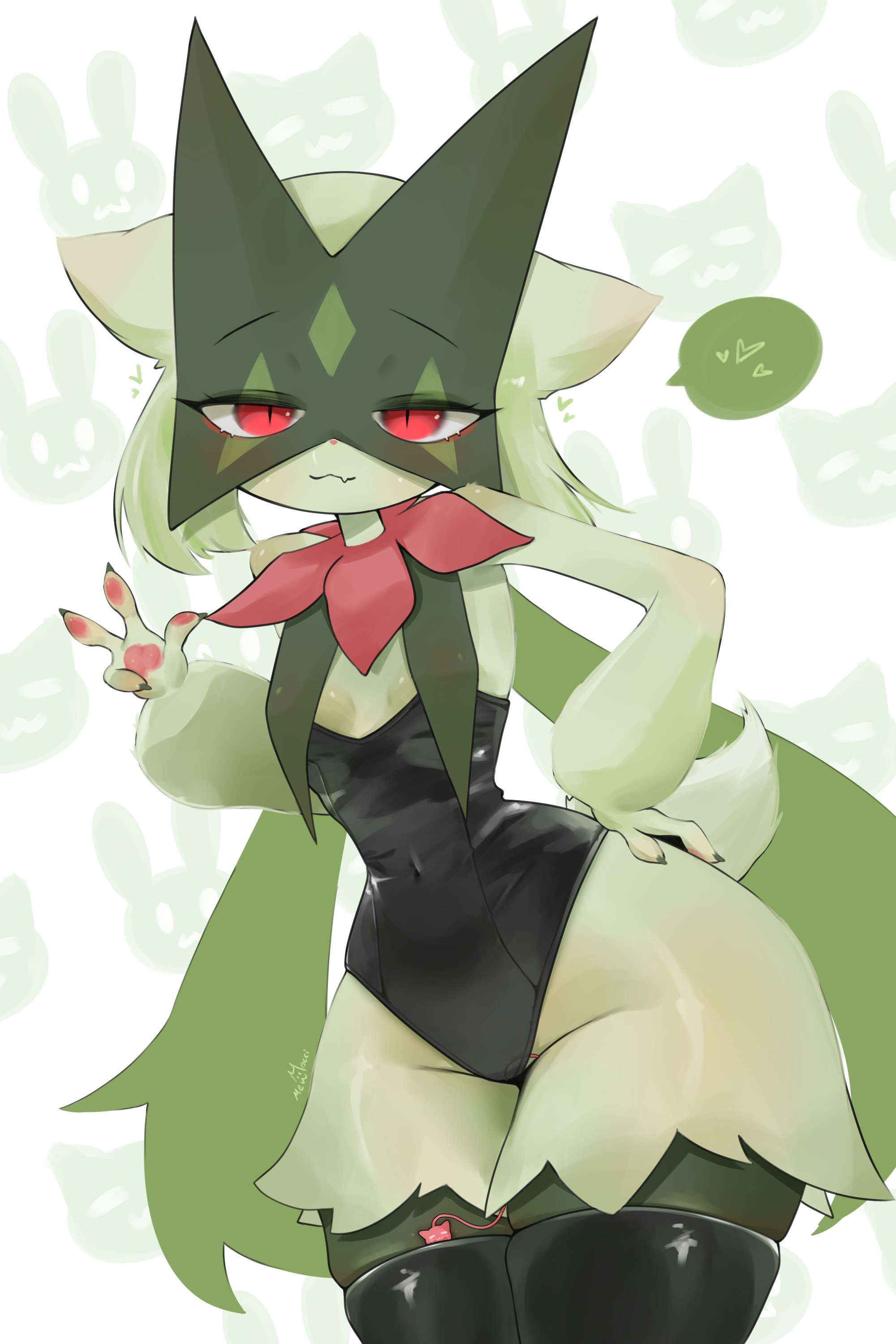 2025, 4 fingers, black legwear, black thighhighs, bunnysuit, generation 9 pokemon, green fur, hi res, legwear, meowscarada, moccimew, pokemon, red eyes, sex toy, thighhighs, v sign, vibrator, vibrator in pussy, vibrator in thighhighs, vibrator under clothes