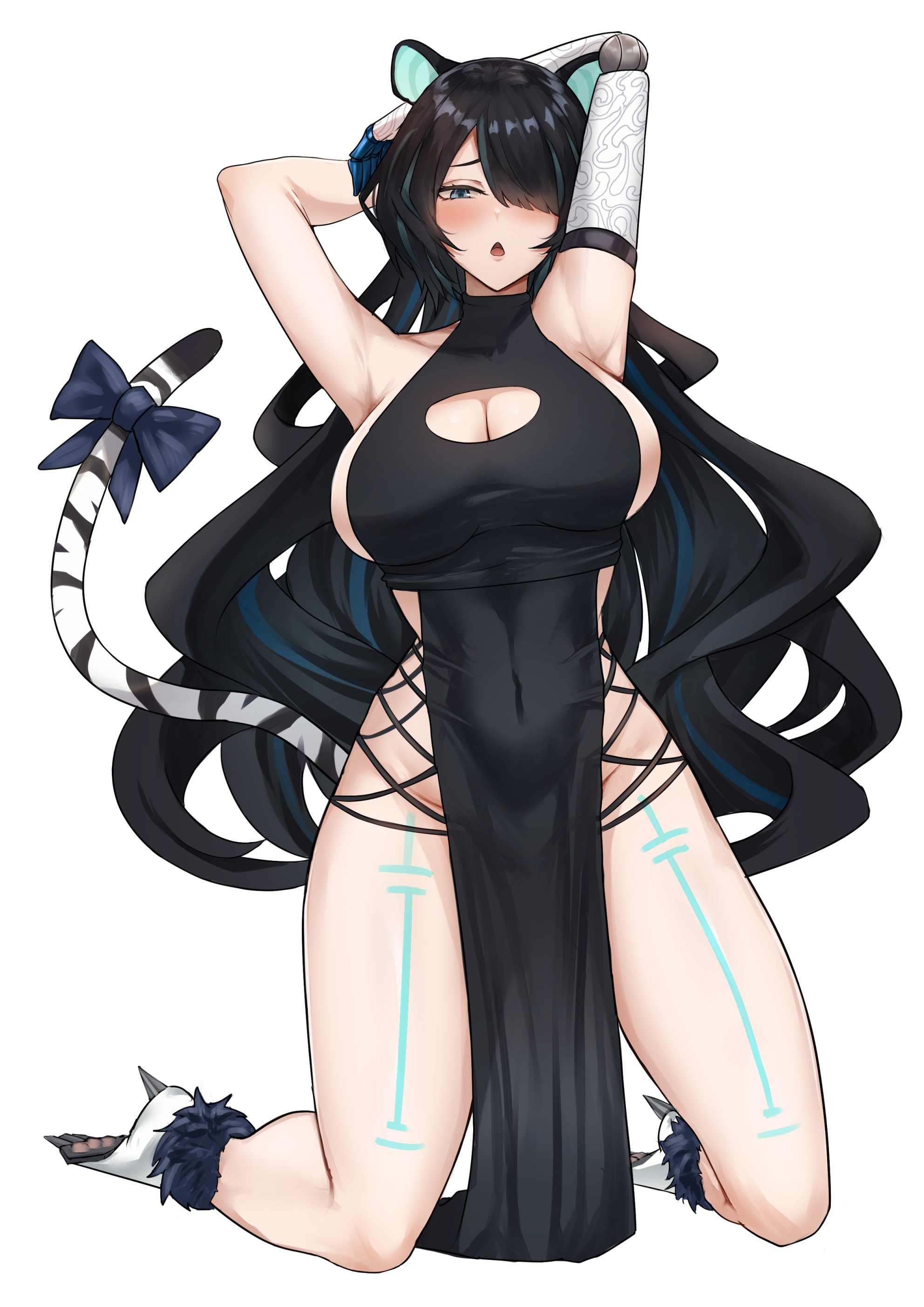:o, 1girls, absurdres, animal ears, armpits, arms behind head, big breasts, black dress, black hair, black sash, blue eyes, blue hair, blush, bow, breasts, cleavage, cleavage cutout, clothing cutout, commentary, commission, covered navel, cross-laced slit, curvy, dress, english commentary, erina makina, female, full body, fur armlet, hair over one eye, highres, hips, huge breasts, kneeling, long hair, massive breasts, mchiefy, mechanical arms, multicolored hair, no panties, nose blush, open mouth, pelvic curtain, phase connect, revealing clothes, sash, sideboob, sideless dress, single mechanical arm, solo, streaked hair, tail, tail bow, tail ornament, thighs, tiger ears, tiger girl, tiger tail, very long hair, virtual youtuber, vtuber