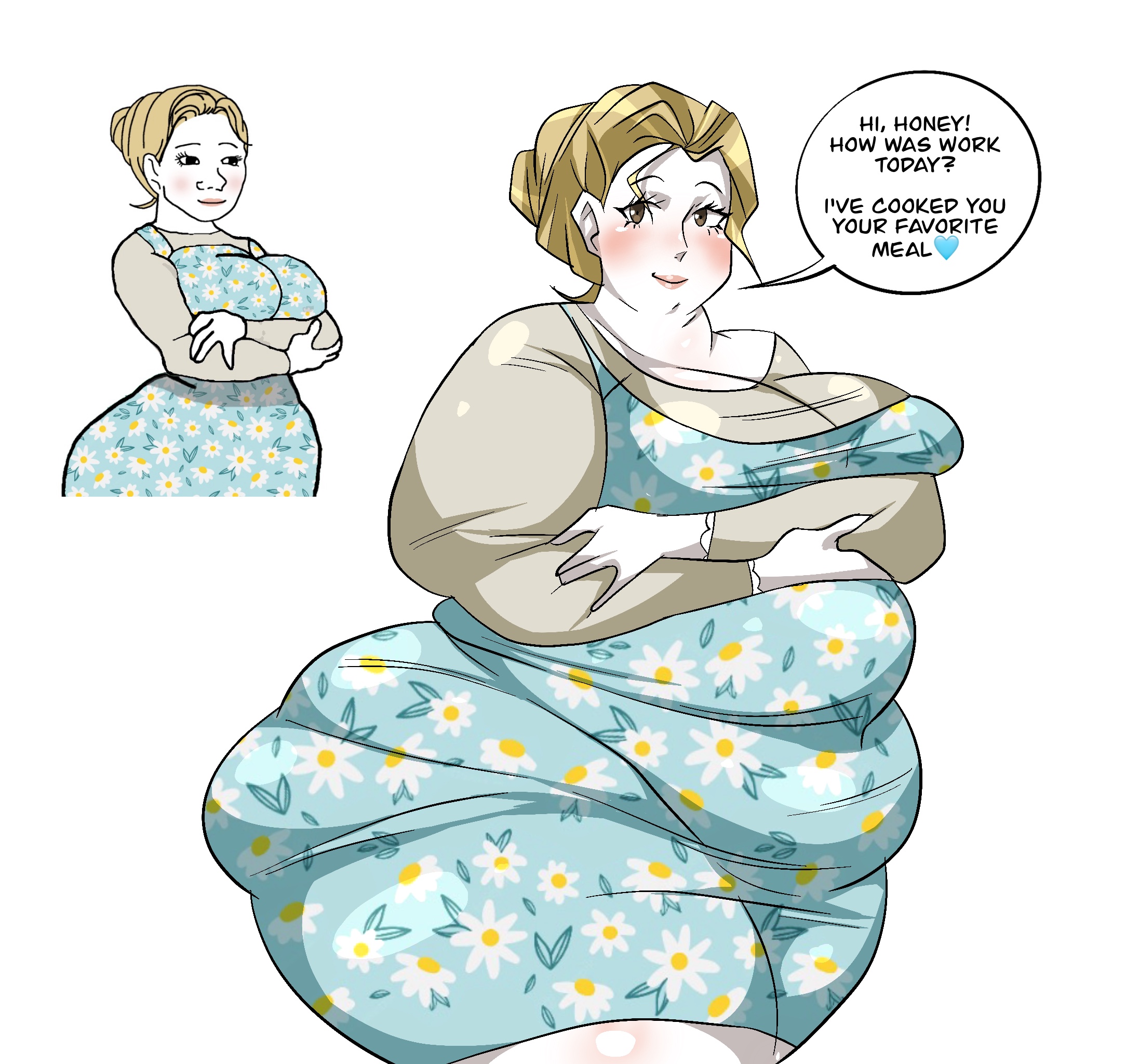 ass, assthethick, bbw, belly, belly overhang, big ass, big belly, big breasts, blonde hair, blush, breasts, brown hair, bubble ass, bubble butt, fat, fat ass, female, female focus, gigantic ass, gigantic breasts, huge ass, huge breasts, large ass, large breasts, morbidly obese, morbidly obese female, obese, ssbbw, traditional clothes, tradwife, voluptuous, voluptuous female, wojak comics