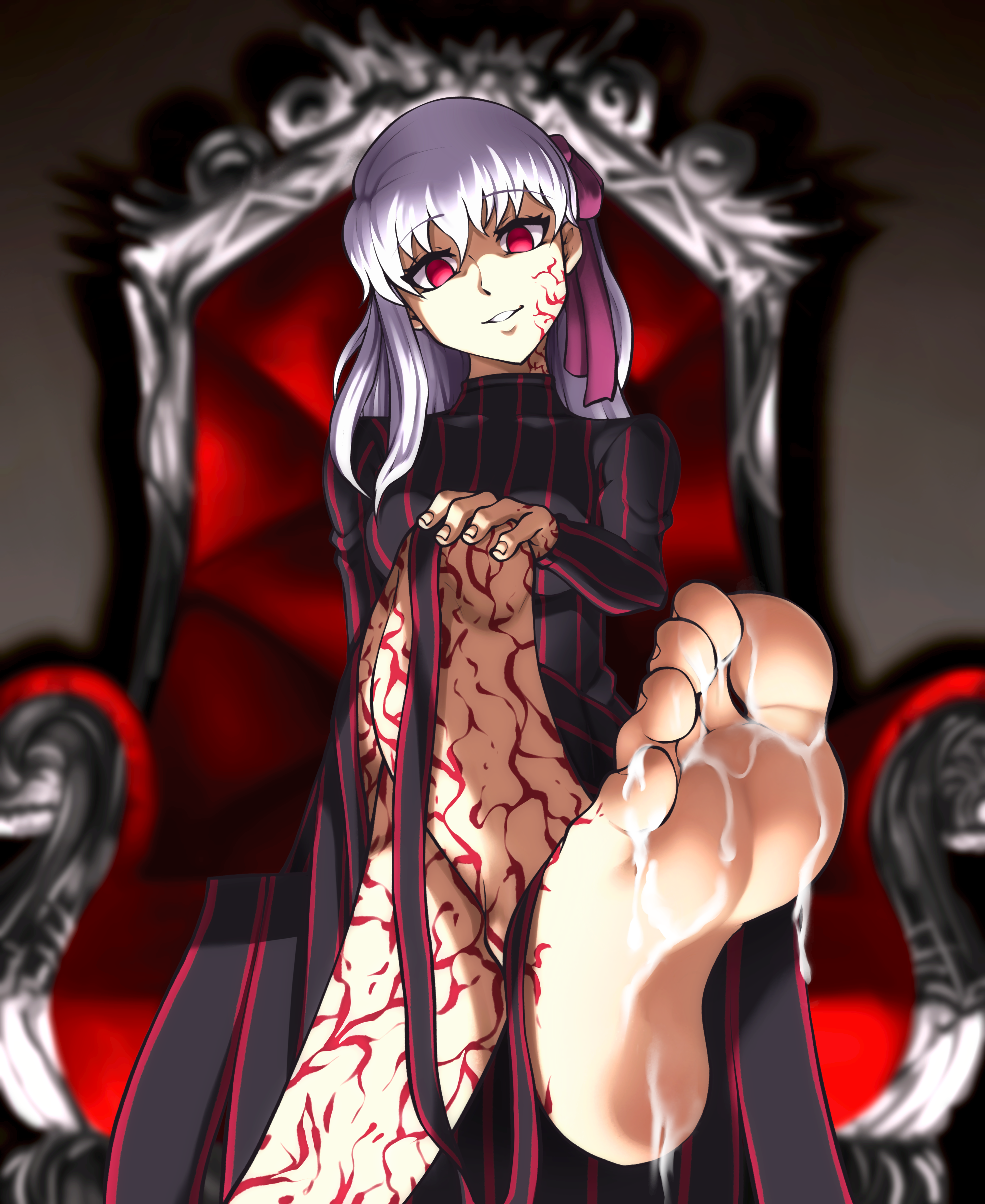 angra mainyu (fate), barefoot, corrupted, corruption, crossed legs, cum, cum between toes, cum on feet, dark persona, dark sakura, fate (series), fate/stay night, feet, female, foot fetish, foot focus, lewdsaiga, matou sakura, possessed, possession, soles, solo, toes, type-moon