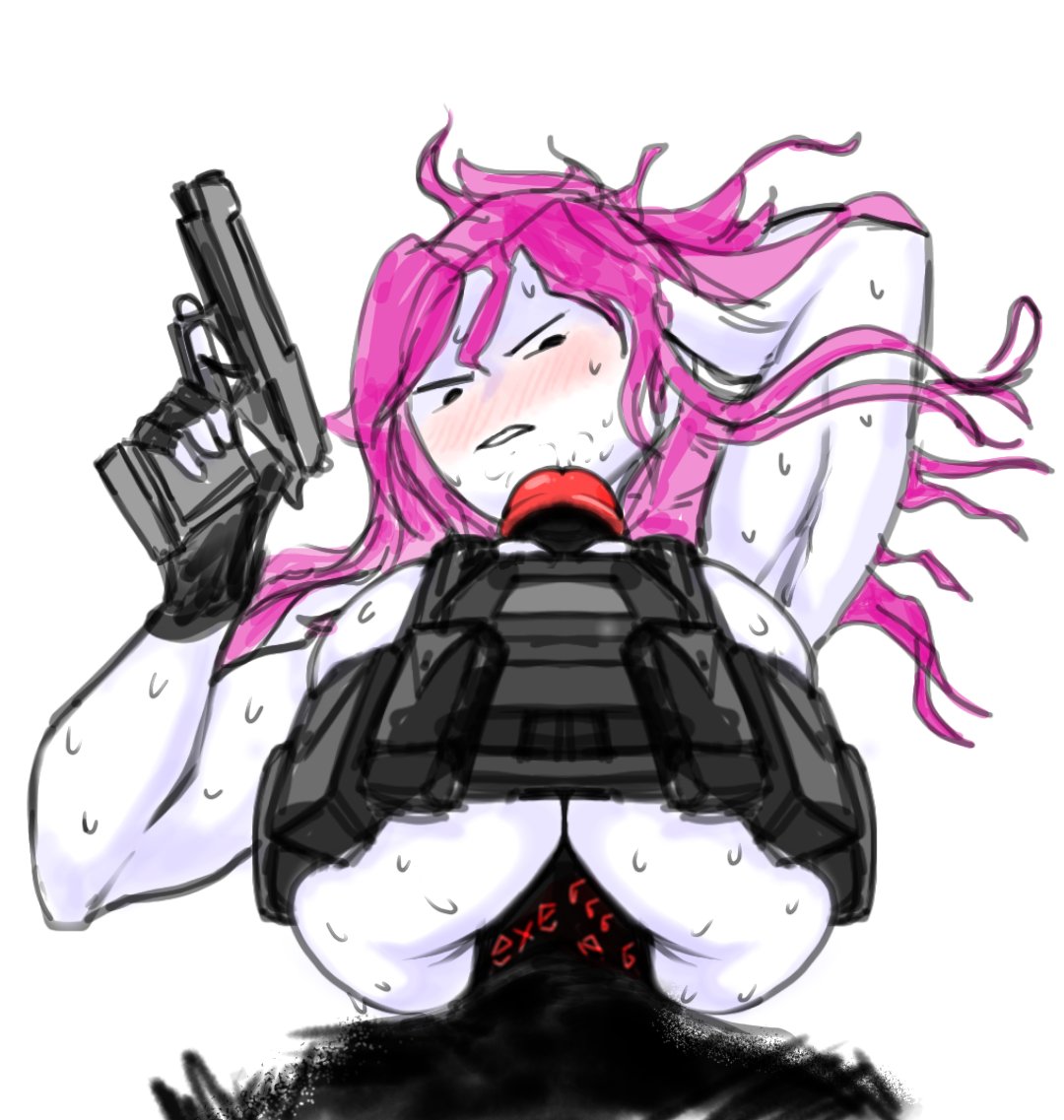 1boy, 1girls, 2d, armpit, big breasts, big penis, black skin, blush, breasts, color, colored, colored sketch, dark-skinned male, female, female focus, fingerless gloves, ggez2341, gloves, guest (roblox), gun, holding gun, holding object, holding pistol, holding weapon, long hair, looking at penis, lying on back, male, nude, paizuri, paizuri under vest, penis, pink hair, pistol, roblox, robloxian, sketch, straight, sweat, sweating, sweaty, tactical vest, underboob, weapon, white skin