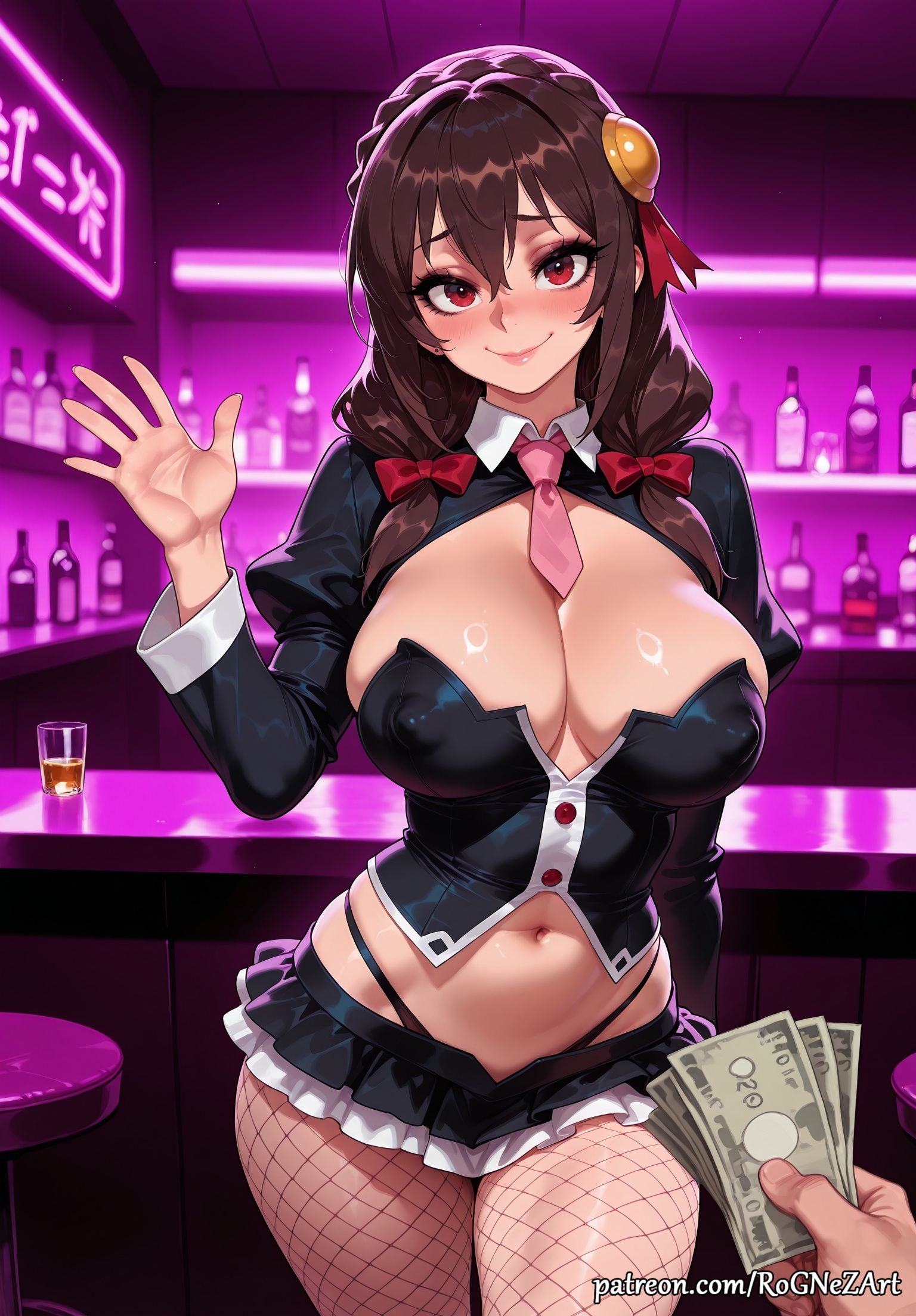 1boy, 2026, ai generated, alcohol, bangs, bar stool, black panties, black skirt, blush, bow, braid, braided hair, breasts, brown hair, cleavage, cleavage cutout, closed mouth, clothing cutout, counter, covered nipples, crown braid, cup, drinking glass, eye contact, female, female focus, fishnet pantyhose, fishnets, flushed, hair accessory, hair between eyes, hair ornament, hairbow, hand up, highleg panties, highres, holding, huge breasts, indoors, inside, juliet sleeves, kono subarashii sekai ni shukufuku wo!, konosuba, large breasts, long hair, long sleeves, looking at viewer, male, microskirt, midriff, miniskirt, money, navel, necktie, neutral expression, panties, pantyhose, patreon, patreon username, pink necktie, pov, prostitution, puffy sleeves, red bow, red eyes, rognezart, skirt, smile, smiling, solo, solo focus, stockings, stool, thong, underwear, very long hair, waving, web address, yunyun (konosuba)