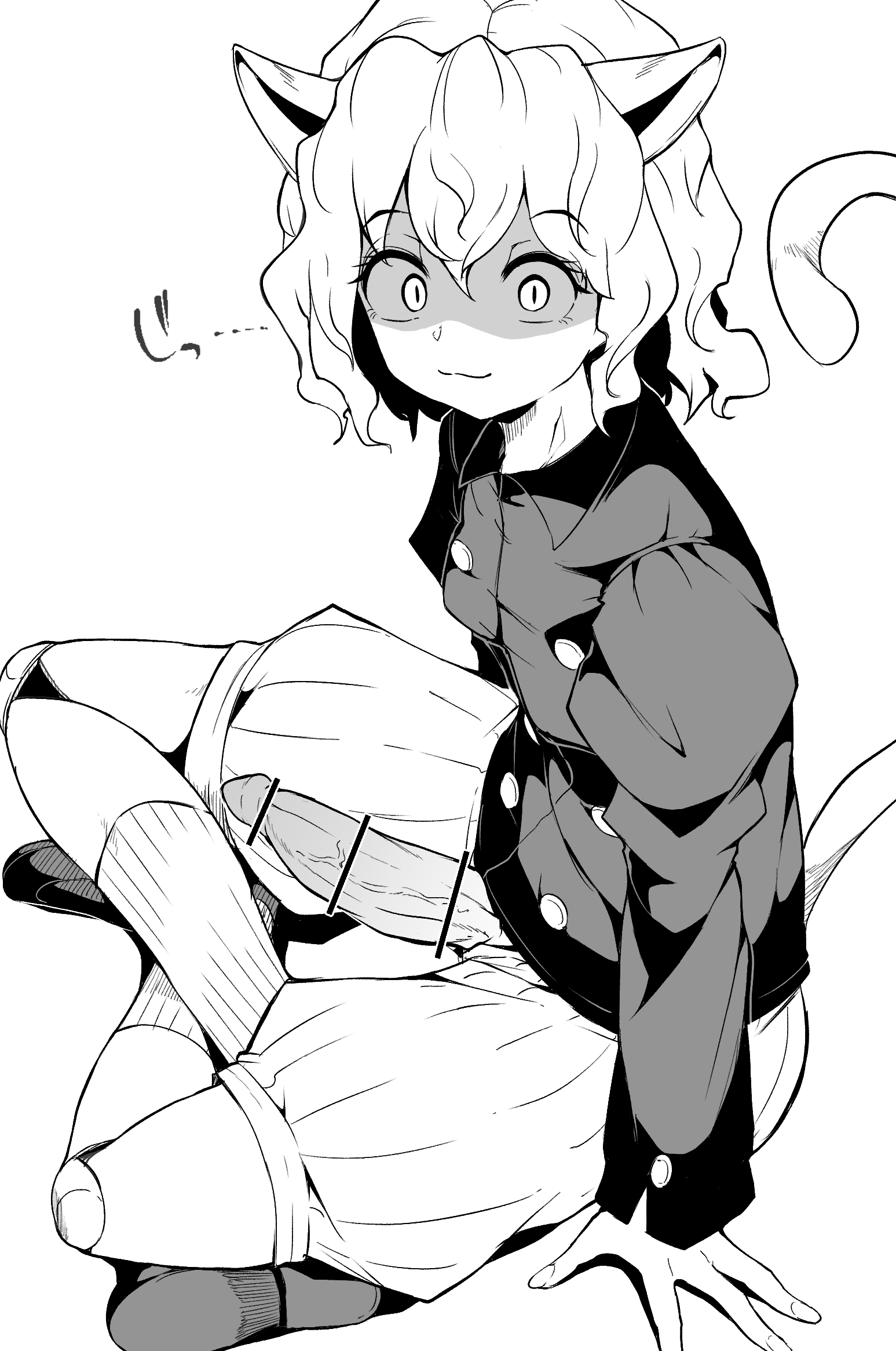1futa, animal ears, big penis, breasts, cat ears, cat girl, cat tail, censored, chimera ant, clothed, clothing, erection, female, futa only, futanari, humanoid, humanoid penis, hunter x hunter, intersex, kemonomimi, makin tama, monochrome, mostly clothed, neferpitou, penis, penis out, short hair, shounen jump, sitting, solo, tagme, villainess, white hair