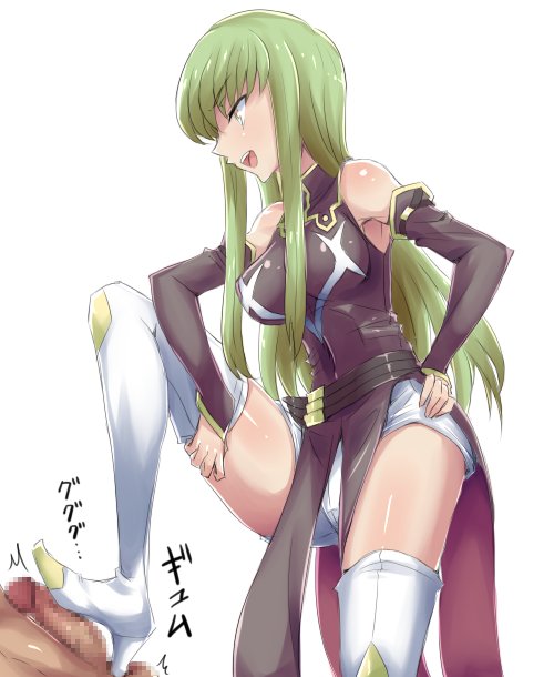 ballbusting bootjob boots c.c. clothed cock_and_ball_torture code_geass female female_focus femdom flt_(furuto) footjob green_hair humiliation long_hair male stepped_on stepping_on_penis submissive_male tagme yellow_eyes