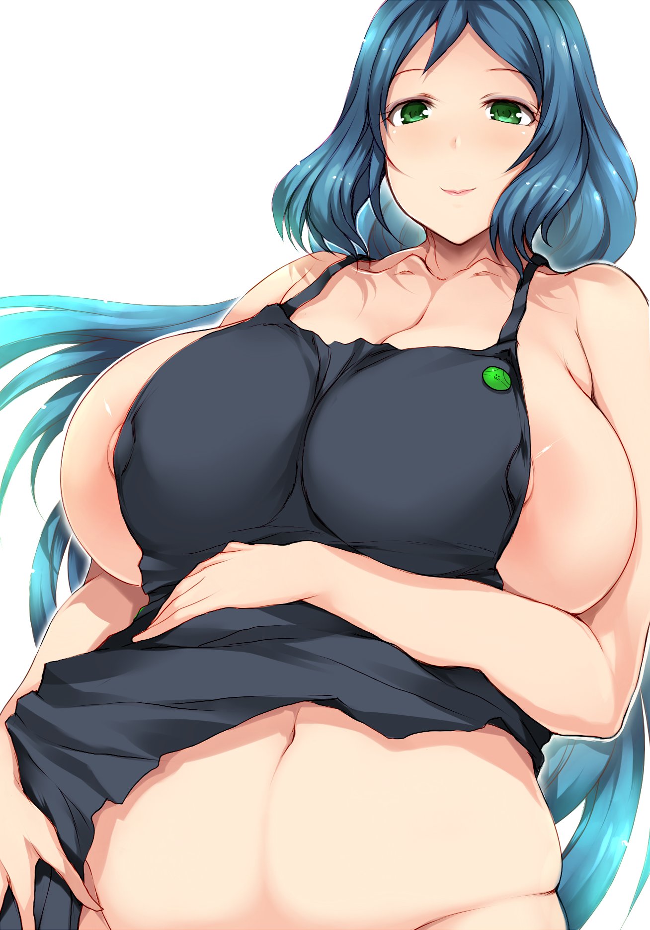 1girls, 2022, apron, apron only, areolae, belly button, blue hair, breasts, female, female only, green eyes, gundam, gundam build fighters, huge breasts, iori rinko, large areolae, long hair, mature female, milf, mother, naked apron, nipples, simple background, slightly chubby, tsukasawa takamatsu, white background