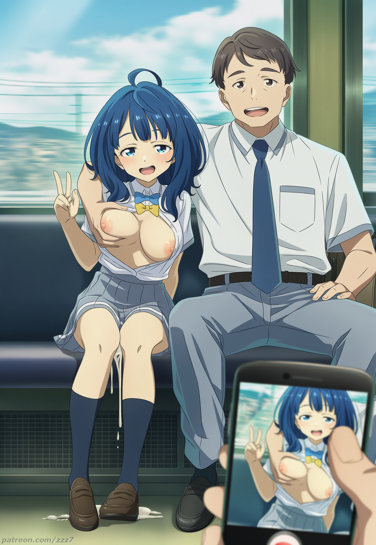 :d, 1boy, 1boy1girl, 1girls, after creampie, after sex, after vaginal, age difference, ahoge, ai generated, arm over shoulder, blush, braless, breast grab, breasts, cum on floor, cum stain, day, dripping cum, female, grabbing, groping, height difference, large breasts, make heroine ga oo sugiru!, mature male, nipples, no bra, open clothes, open shirt, peace sign, phone, picture, pov hand, pov hands, public, recording, recording on phone, school uniform, side-by-side, sitting, smile, taking picture, taking picture after sex, train, train interior, watermark, window, yanami anna, zzz7