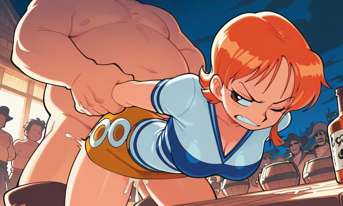 1girls, ai generated, brown eyes, clenched teeth, clothed sex, crowd, cum, cum inside, dubious consent, female, from behind, holding arm, male, nami (one piece), nmcf, nude male clothed female, one piece, onlookers, orange hair, orange-haired female, public sex, pulic, short hair, tagme