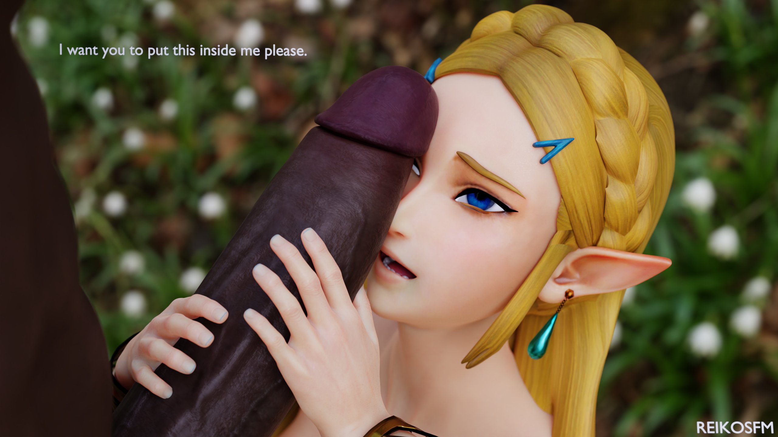 1boy, 3d, bimbo, blonde hair, blue eyes, breath of the wild, dark skin, dark-skinned male, dick on face, earrings, female, horny, huge cock, hylian, hylian ears, imminent sex, interracial, light skin, light-skinned female, male, partial male, penis, penis on face, princess zelda, reikosfm, the legend of zelda, zelda (breath of the wild)