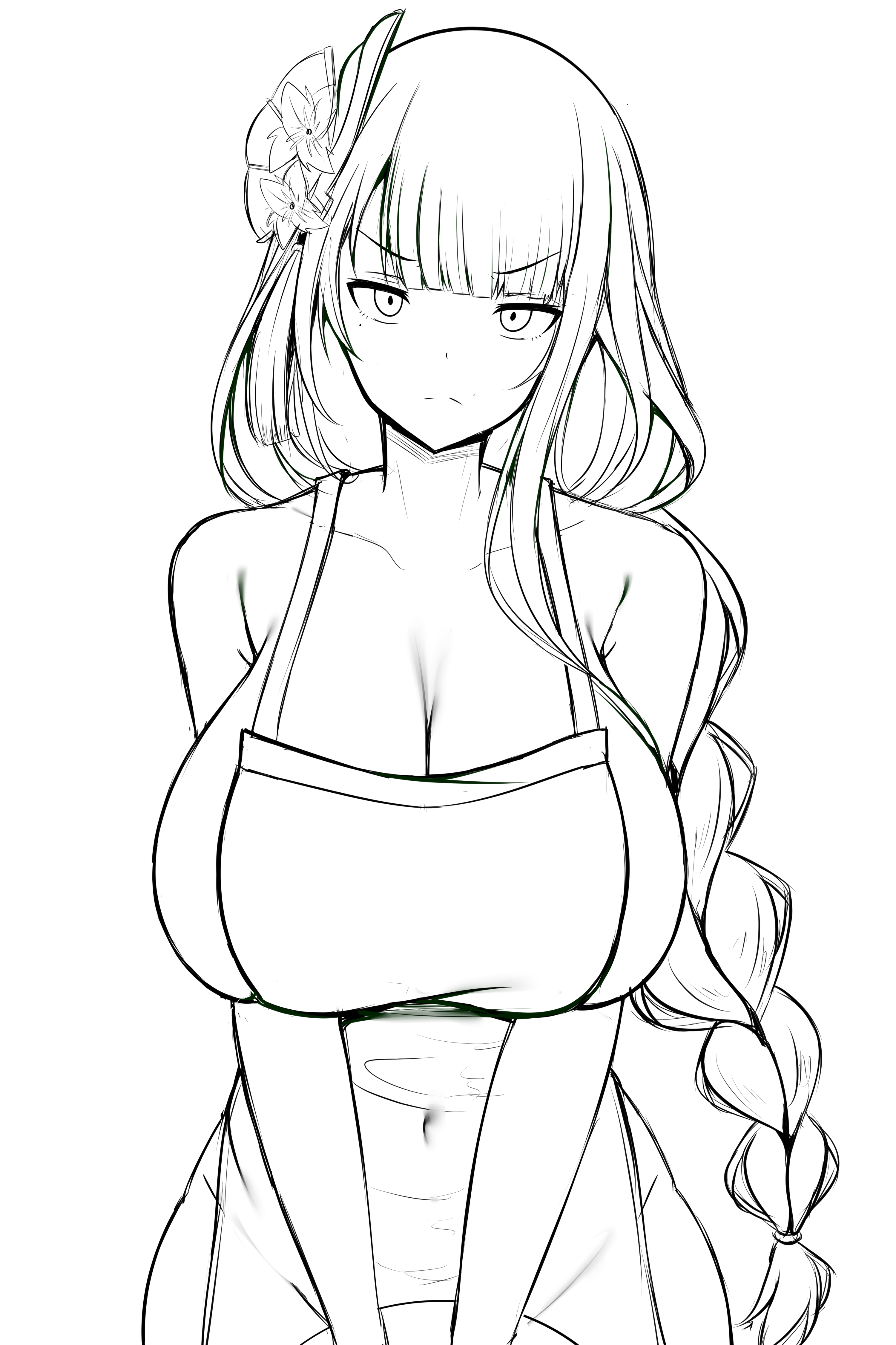 1girls, apron, apron only, astraea (atelierastraea), big breasts, breasts, female, genshin impact, iced latte with breast milk, large breasts, long hair, looking at viewer, meme, raiden shogun, sketch