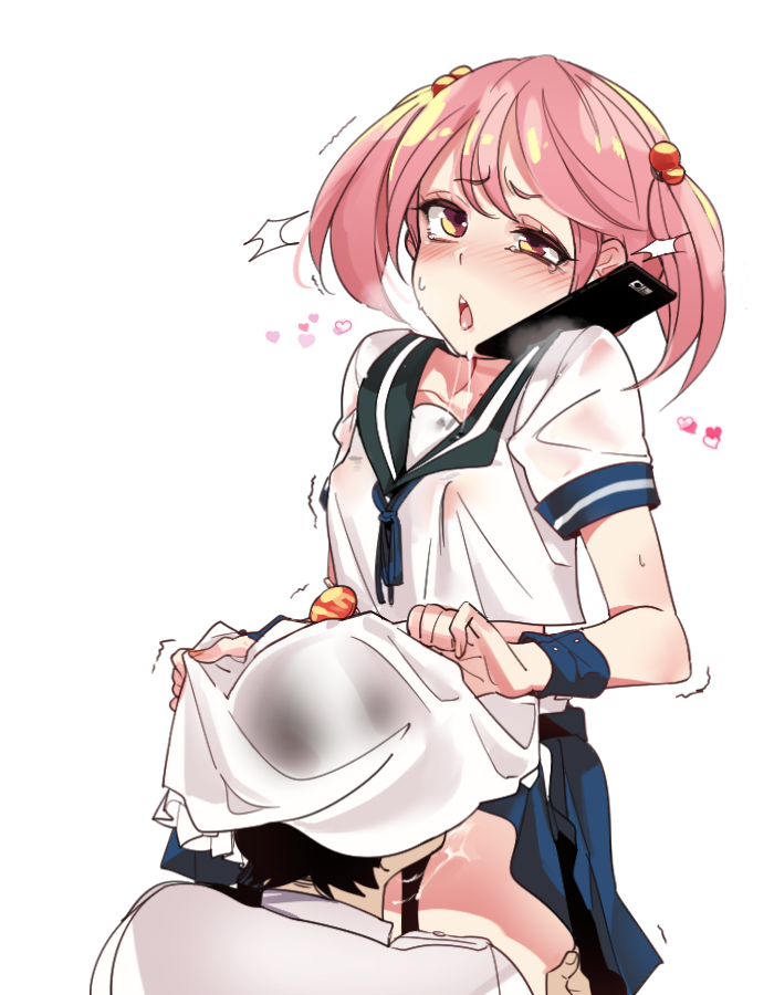 1boy 1girls admiral_(kantai_collection) bell bitchcraft123 cellphone clothes_lift cunnilingus cunnilingus_in_skirt drooling erect_nipples female hair_bell hair_bobbles hair_ornament kantai_collection knighthood oral petite phone pink_eyes pink_hair sazanami_(kantai_collection) short_hair skirt skirt_lift straight twintails