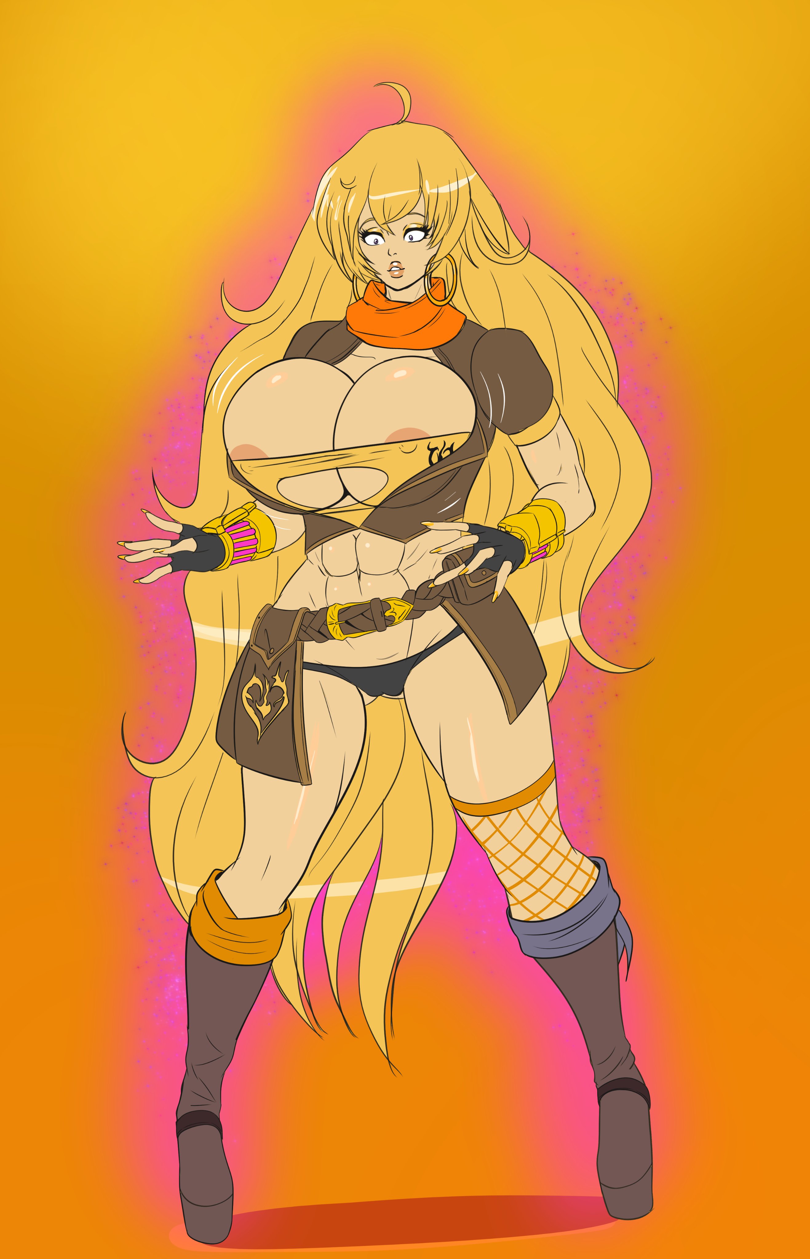 1girls, 2022, 5 fingers, abs, ahoge, annon, big breasts, bimbo, bimbofication, blonde hair, boots, breast expansion, breast growth, breast growth (enlargement), breasts, female, female only, full body, high heel boots, high heels, hips, hoop earrings, huge breasts, human, human only, humanoid, large breasts, long nails, muscular, muscular female, purple eyes, ripped clothing, rwby, shadow, solo, solo female, standing, surprised, thick, thick thighs, thighs, very long hair, wide hips, yang xiao long
