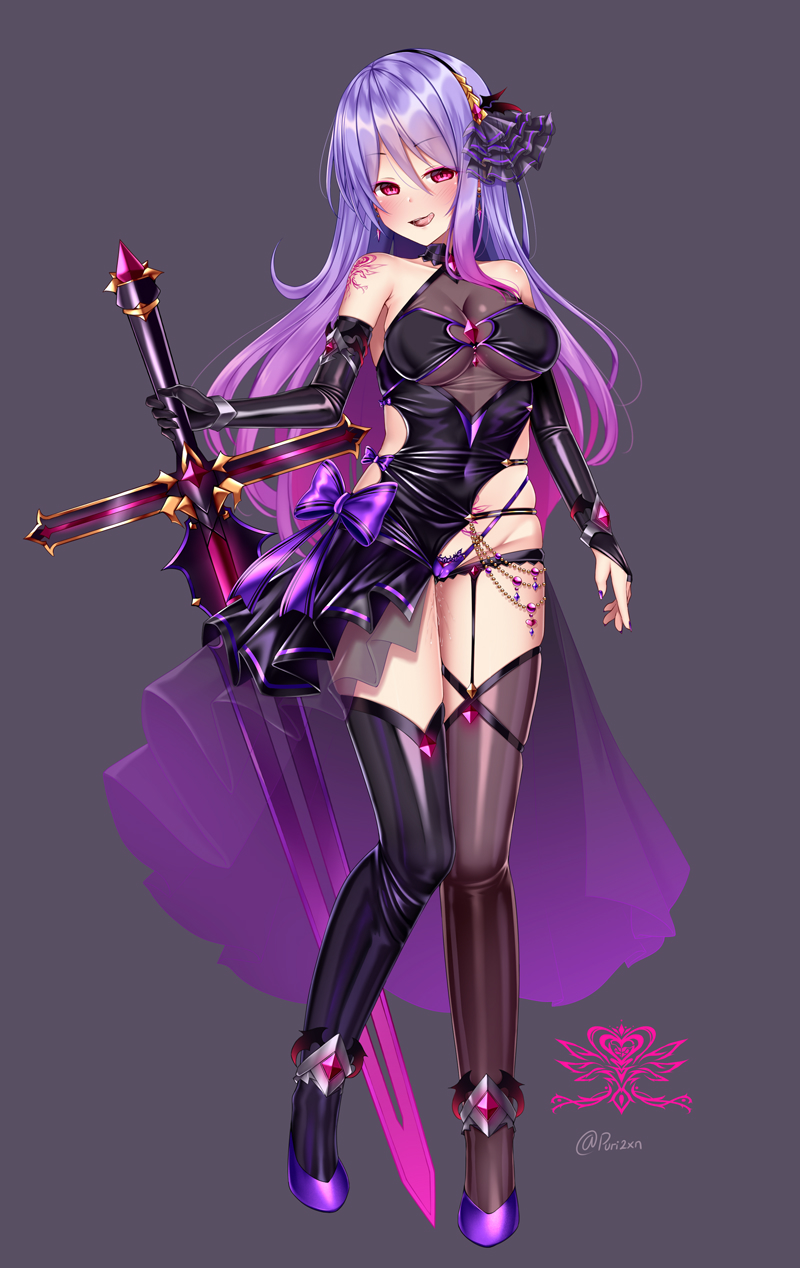 arms_at_sides asymmetrical_legwear bow corruption dark_persona dress female fingerless_gloves gloves grey_background highleg highleg_panties highres holding holding_sword holding_weapon licking_lips looking_at_viewer mismatched_legwear panties princess_connect! pubic_tattoo puririn purple_hair red_eyes revealing_clothes see-through shizuru_(princess_connect!) shoes shoulder_tattoo simple_background solo standing standing_on_one_leg sword tattoo thighhighs tongue tongue_out underwear weapon