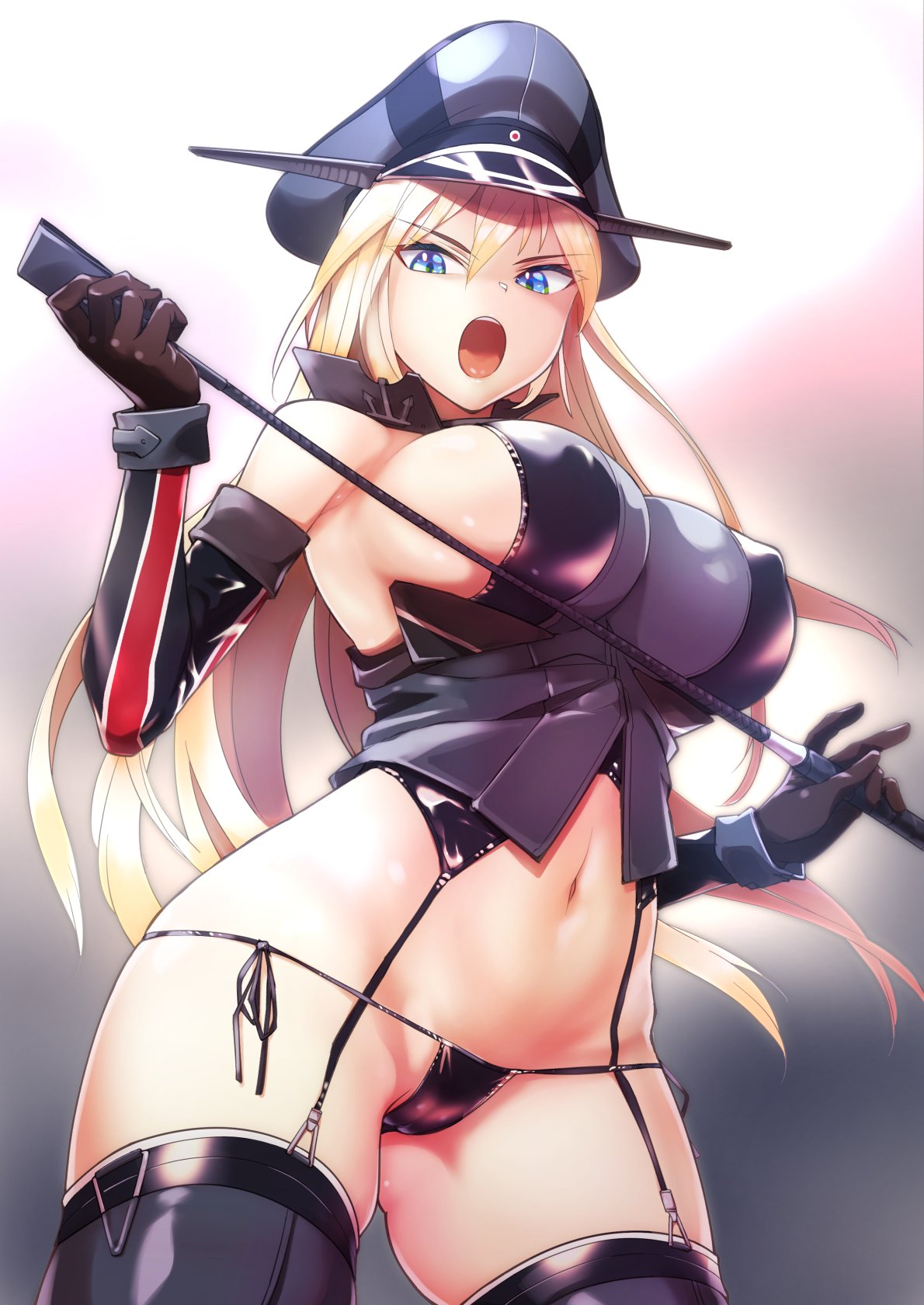 adapted_costume anchor ass_visible_through_thighs bare_shoulders bismarck_(kantai_collection) black_panties blonde_hair blue_eyes breasts bustier covered_nipples cowboy_shot crop_top detached_sleeves dominatrix eyebrows_visible_through_hair female gloves gradient gradient_background groin hat highres kantai_collection large_breasts long_hair looking_at_viewer military_hat navel open_mouth panties peaked_cap rampage_2nd side-tie_panties simple_background skindentation solo stomach string_panties thighhighs thighs underwear uniform whip