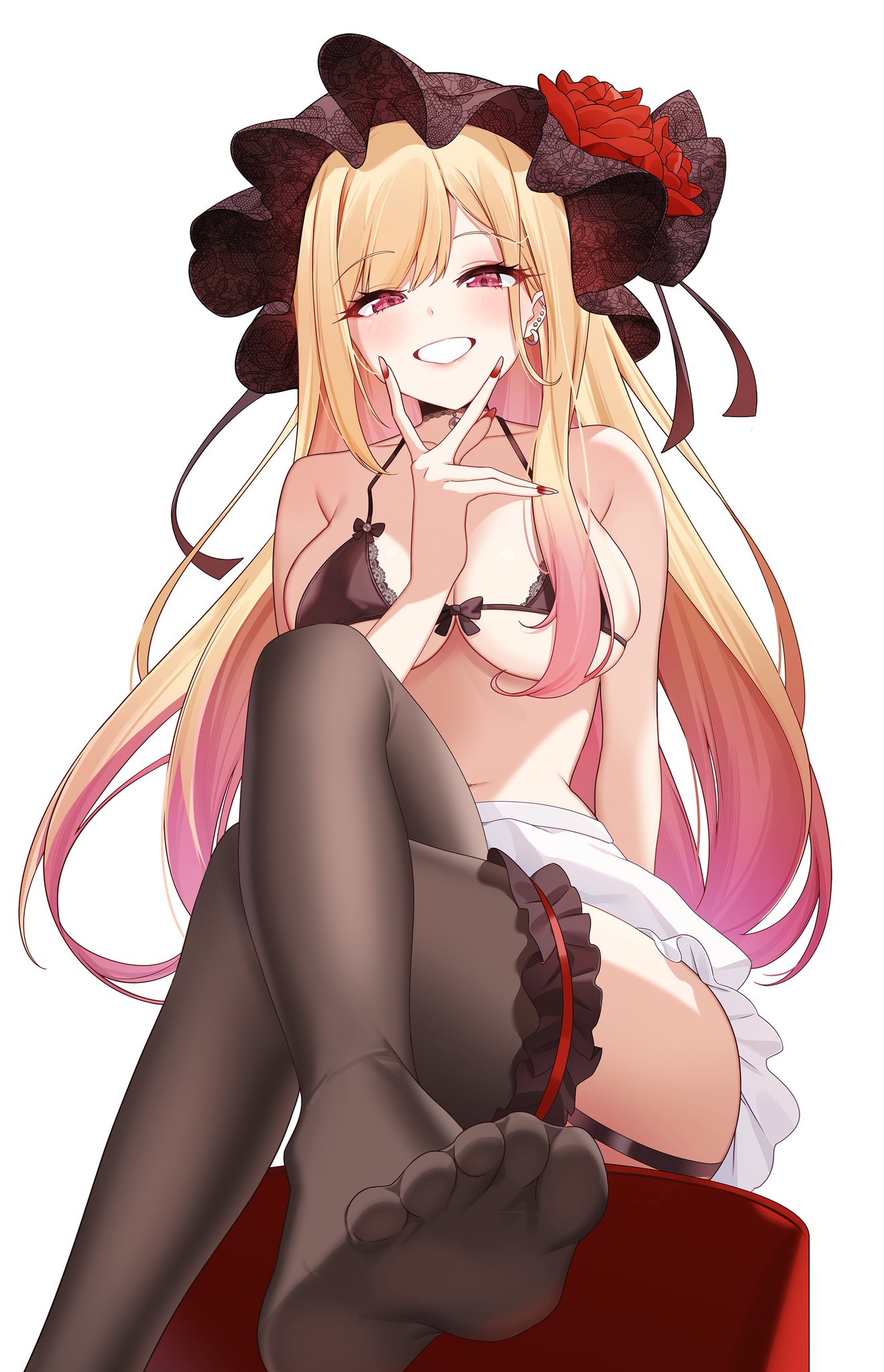 1girls, artist request, blonde hair, bra, feet, female, female only, gyaru, kitagawa marin, long fingernails, no text, panties, solo, sono bisque doll wa koi wo suru, stockings, tagme, thighhighs