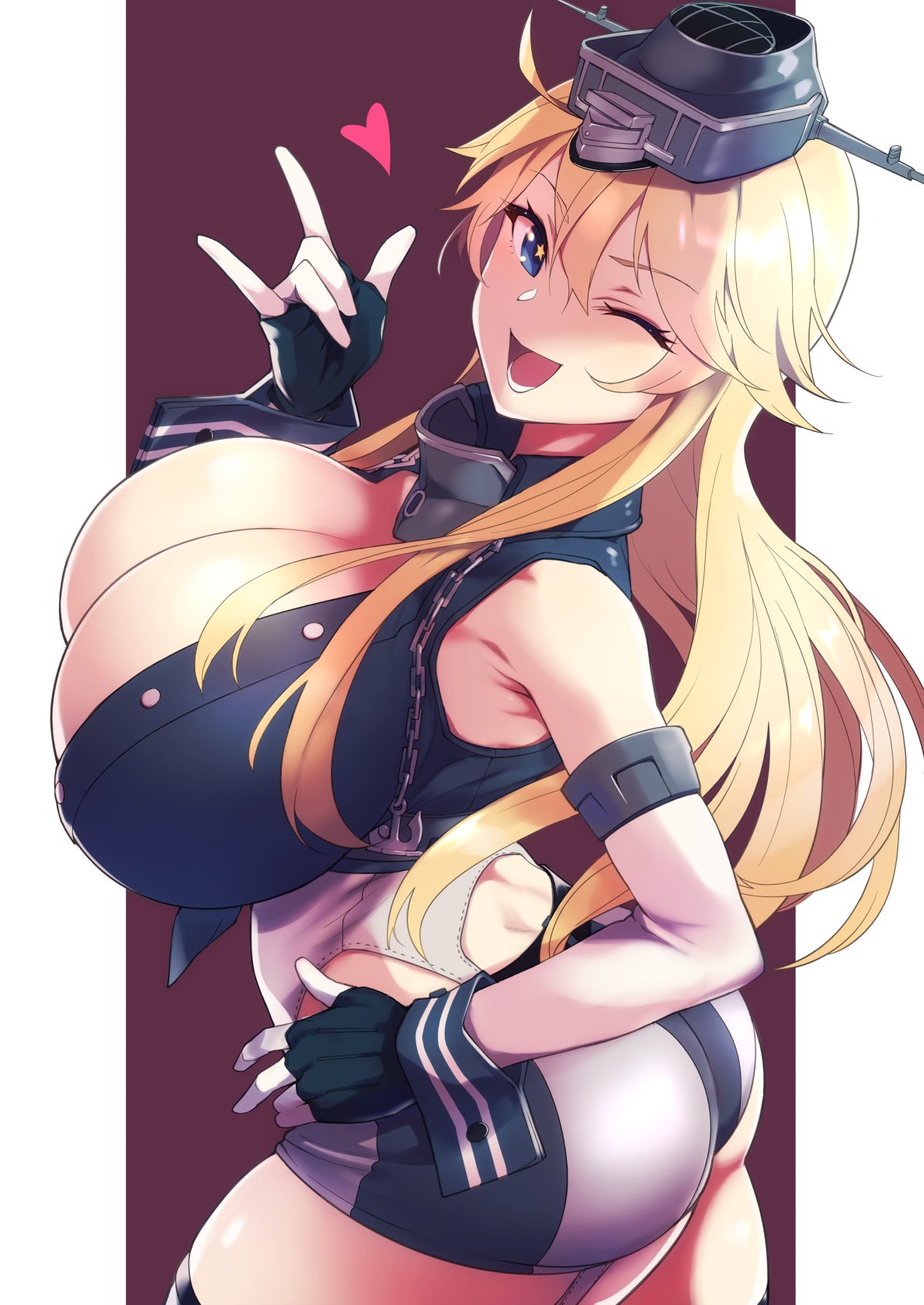 \m/ ass bangs blonde_hair blue_eyes breasts chains cleavage female garter_straps gloves hair_between_eyes headgear heart highres huge_breasts iowa_(kantai_collection) kantai_collection long_hair miniskirt one_eye_closed open_mouth rampage_2nd simple_background skirt solo star-shaped_pupils star_(symbol) symbol-shaped_pupils thighhighs twitter two-tone_background yellow_pupils