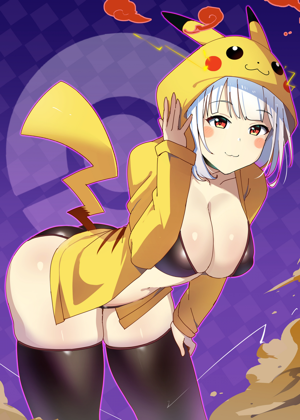 bent_over bikini bikini_under_clothes breasts cosplay game_freak hoodie nintendo pikachu_(cosplay) pokemon pokemon_(cosplay) purple_background solo solo_female white_hair xiaodi