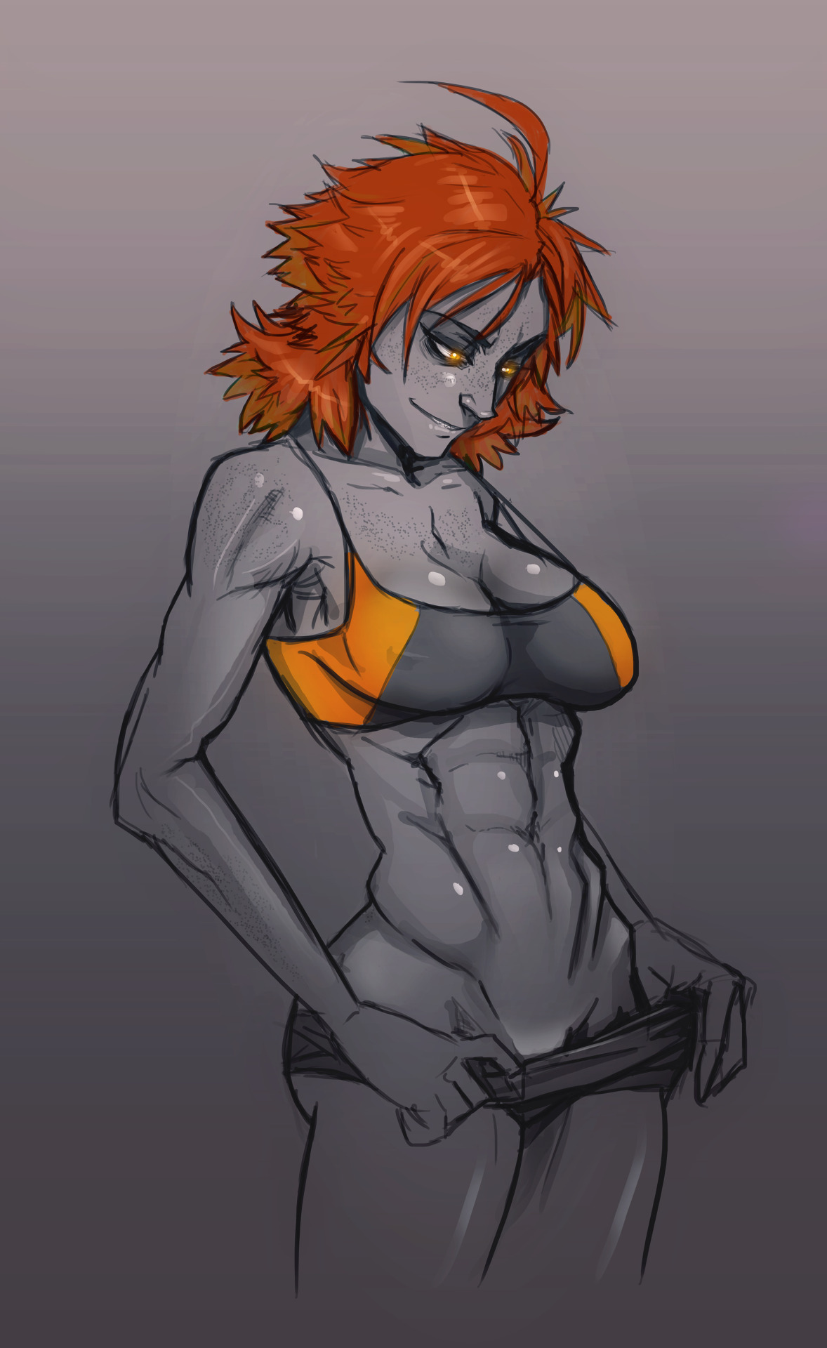 1girls, abs, andava, andavaverse, claudia (andava), cock sleeve, female, freckles, fringe, light skin, light-skinned female, male, pale skin, pale-skinned female, penis, pussy, red hair, sharp teeth, short hair, vampire, yellow eyes
