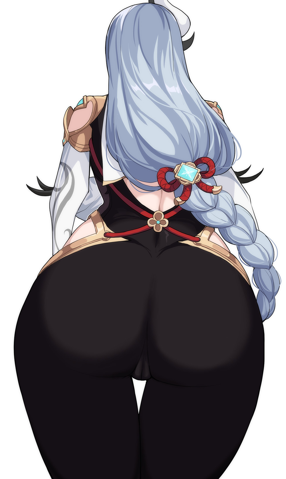 1girls, 2022, ass, ass focus, ass shot, back, back view, bodystocking, braided hair, clothed, clothed female, drogod (artist), female, female only, genshin impact, higher resolution available, hips, huge ass, long hair, shenhe (genshin impact), simple background, slim waist, thick thighs, thigh gap, thighs, white background, white hair, wide hips