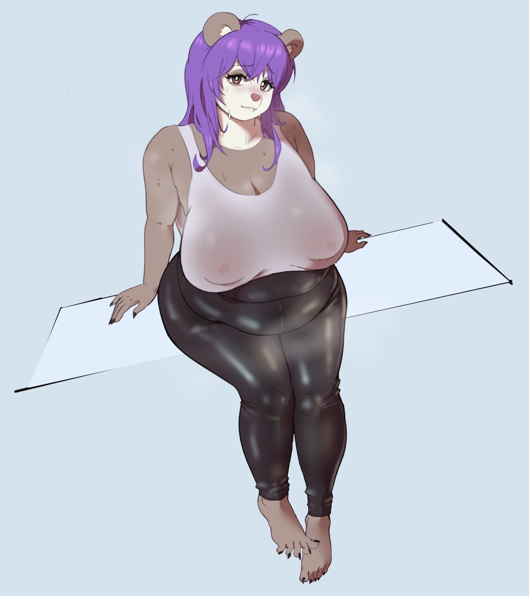 1girls anthro barefoot belly big_breasts blush brown_eyes brown_fur countershading female female_only furry furry_only helicrab long_hair looking_at_viewer nipple_bulge panda panda_ears purple_hair sitting slightly_chubby solo solo_female sukebe sweat tank_top ursine