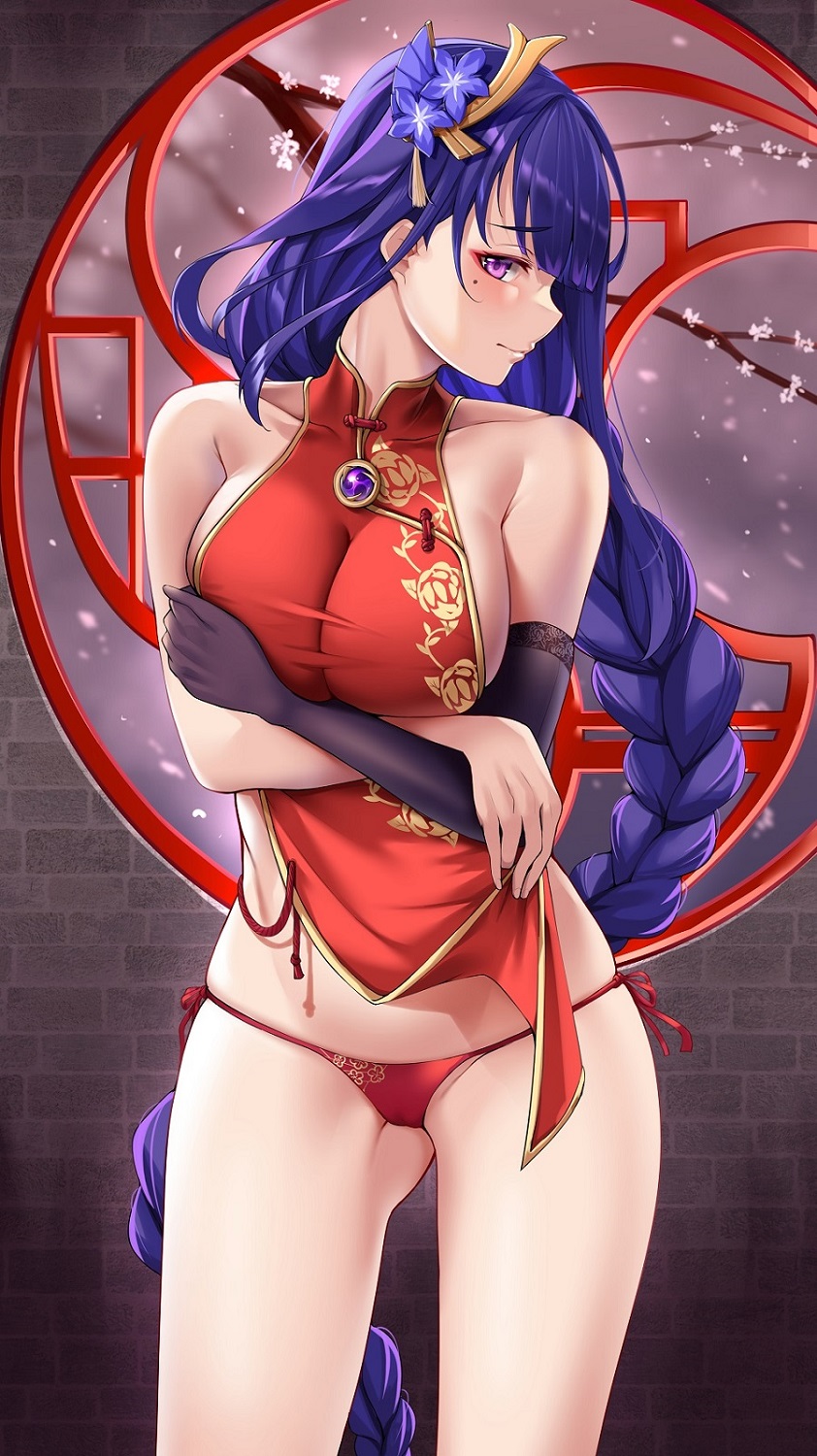 1girls, barefoot, blush, braid, breast hold, breasts, china dress, chinese clothes, elbow gloves, female, female only, flustered, fully clothed, genshin impact, gloves, large breasts, lifted by self, looking at viewer, matrix16, milf, mole, mole under eye, panties, purple eyes, purple hair, raiden shogun, sideboob, sleeveless, smile, underwear