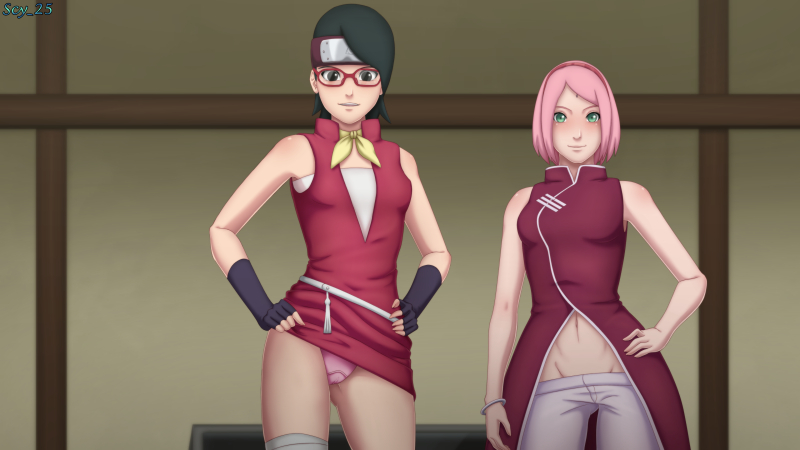 2girls age_difference bare_shoulders before_sex black_eyes black_hair boruto:_naruto_next_generations bracelet breasts daughter dress dress_lift eyewear facial_mark female female_only fingerless_gloves forehead_mark glasses gloves green_eyes light-skinned_female light_skin looking_at_viewer mature mature_female mature_woman megane milf minidress mostly_clothed mother mother_and_daughter naruto naruto_(series) neckerchief no_panties older older_female pale-skinned_female pale_skin panties pants pelvic_curtain pink_hair red-framed_glasses sakura_haruno sarada_uchiha scy_25 small_breasts take_your_pick tease teasing teenage_girl teenager tight_clothing young younger_female